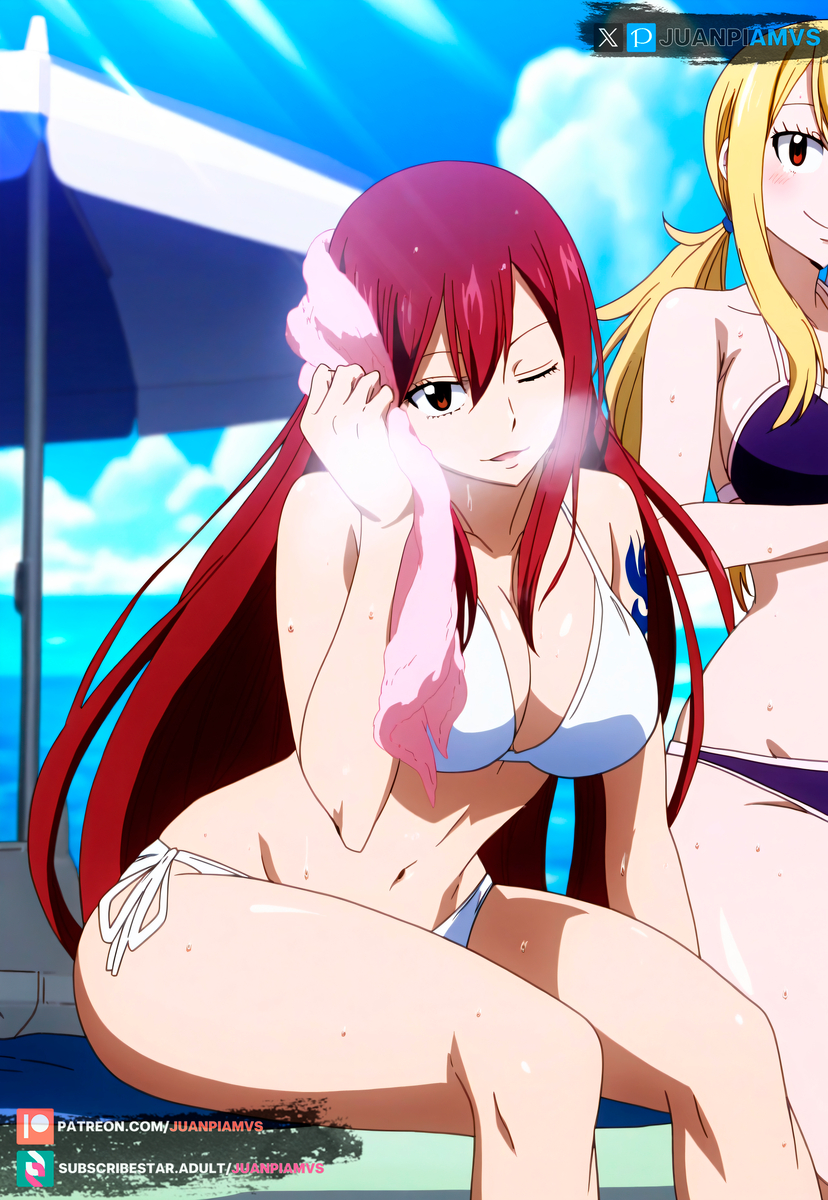 2girls ai_generated beach beach_background beach_chair beach_towel beach_umbrella big_breasts bikini blonde_hair brown_eyes clouds curvy curvy_figure erza_scarlet fairy_tail juanpiamvs long_hair looking_at_viewer lucy_heartfilia patreon patreon_username red_hair sitting sky smiling standing subscribestar subscribestar_username sweatdrop towel towel_on_head watermark wet white_bikini