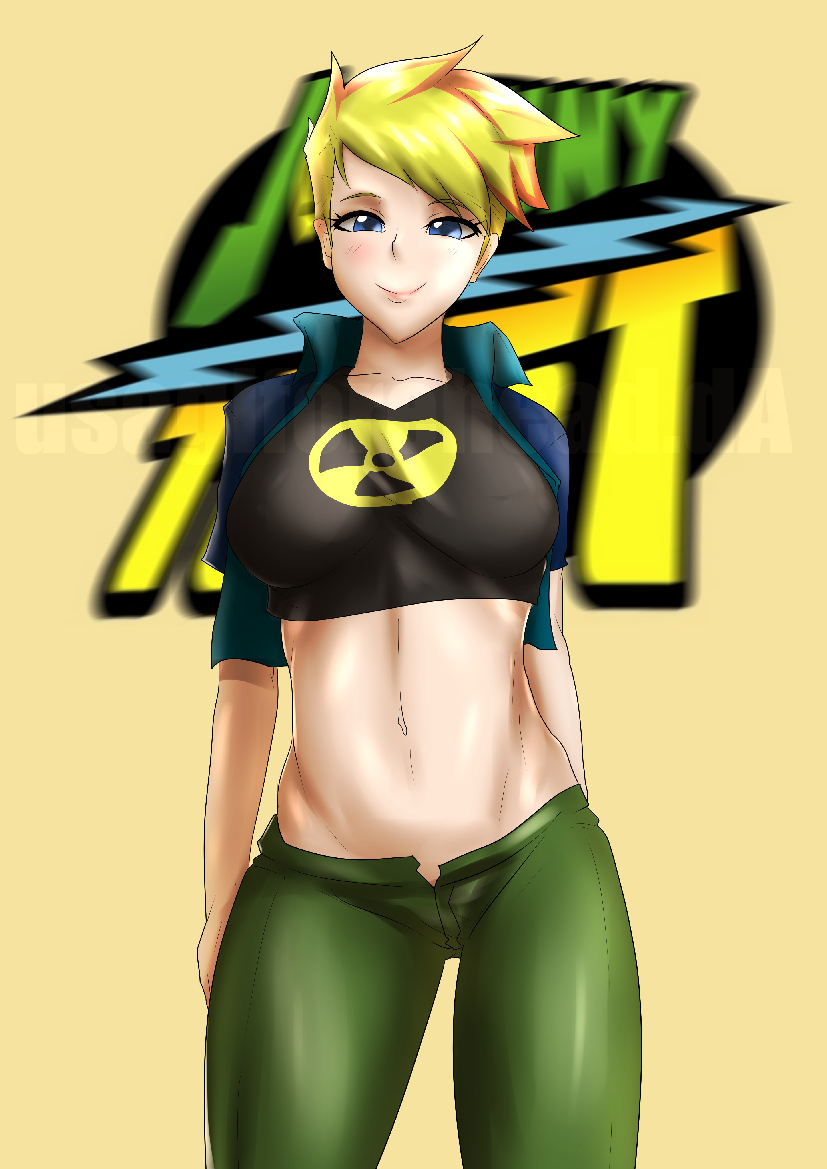 1girls, black shirt, blonde hair, blue eyes, blue jacket, breasts, canon genderswap, cartoon network, closed mouth, contrapposto, crop top, cropped jacket, cropped shirt, female, female only, fully clothed, genderswap, green pants, hourglass figure, jenny test, johnny test, johnny test (series), looking at viewer, navel, open jacket, orange hair, pants, rule 63, short sleeves, smile, solo, two-tone hair, usagiforehead