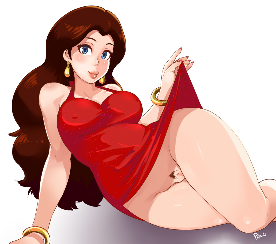 1girls blue_eyes bracelet bracelets breasts brown_hair cleavage dress dress_lift earrings female female_only fingernails human human_only jewelry long_hair looking_at_viewer mario_(series) nail_polish nintendo nipples pallasite pauline pubic_hair pussy red_dress shiny shiny_skin solo super_mario_odyssey thick_thighs thighs