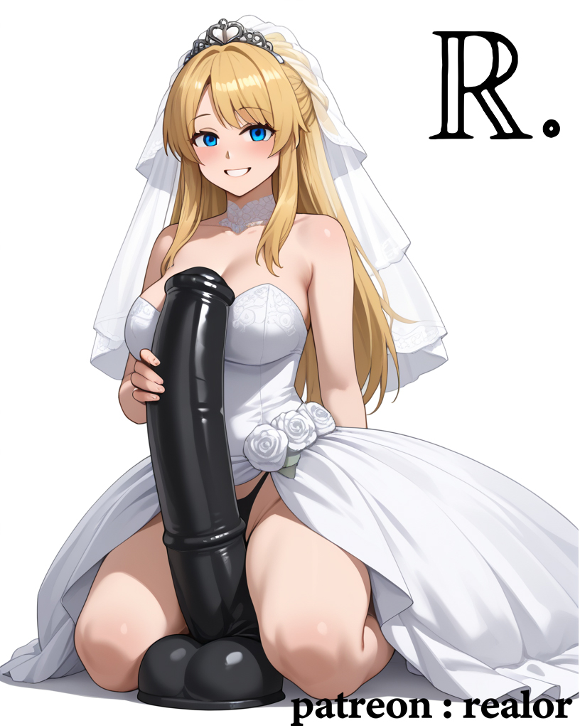 ai_generated black_dildo blonde_hair bridal_veil bride dildo equine_dildo female horse_dildo horsecock_dildo huge_dildo large_dildo ntr patreon_username photosession realor smile solo veiny_dildo wedding_dress wedding_veil