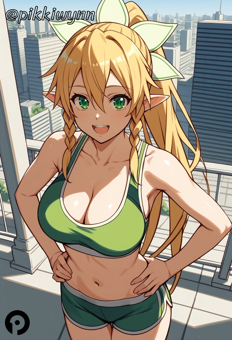 :d ai_generated bangs bare_shoulders blonde_hair braid breasts building city cityscape cleavage collarbone cowboy_shot day elf female green_eyes hair_between_eyes hands_on_hips kirigaya_suguha large_breasts leafa long_hair looking_at_viewer midriff navel open_mouth outdoors pikkiwynn pointy_ears ponytail shorts skyscraper smile solo sports_bra stomach sword_art_online teeth thighs twin_braids