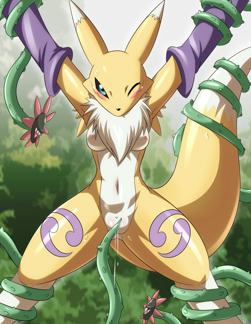 anthro armwear blossomon blue_eyes blush bondage bound breasts bridal_gauntlets censored clothing creative_censorship digimon facial_markings female heigako looking_at_viewer markings navel neck_tuft nipples one_eye_closed penetration pussy pussy_juice renamon sex spreading suspension sweat tuft vaginal_penetration vines wink