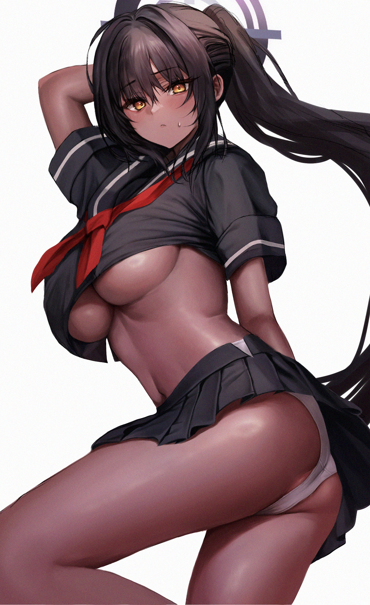 1girls, alternate costume, arm at side, ass, blue archive, blush, breasts, cleaning & clearing (blue archive), dark skin, dark-skinned female, embarrassed, female, grainy, hand behind head, karin (blue archive), large breasts, millennium science school student, miniskirt, panties, sailor collar, school uniform, serafuku, skirt, solo, sweatdrop, underboob, upskirt, useless clothing