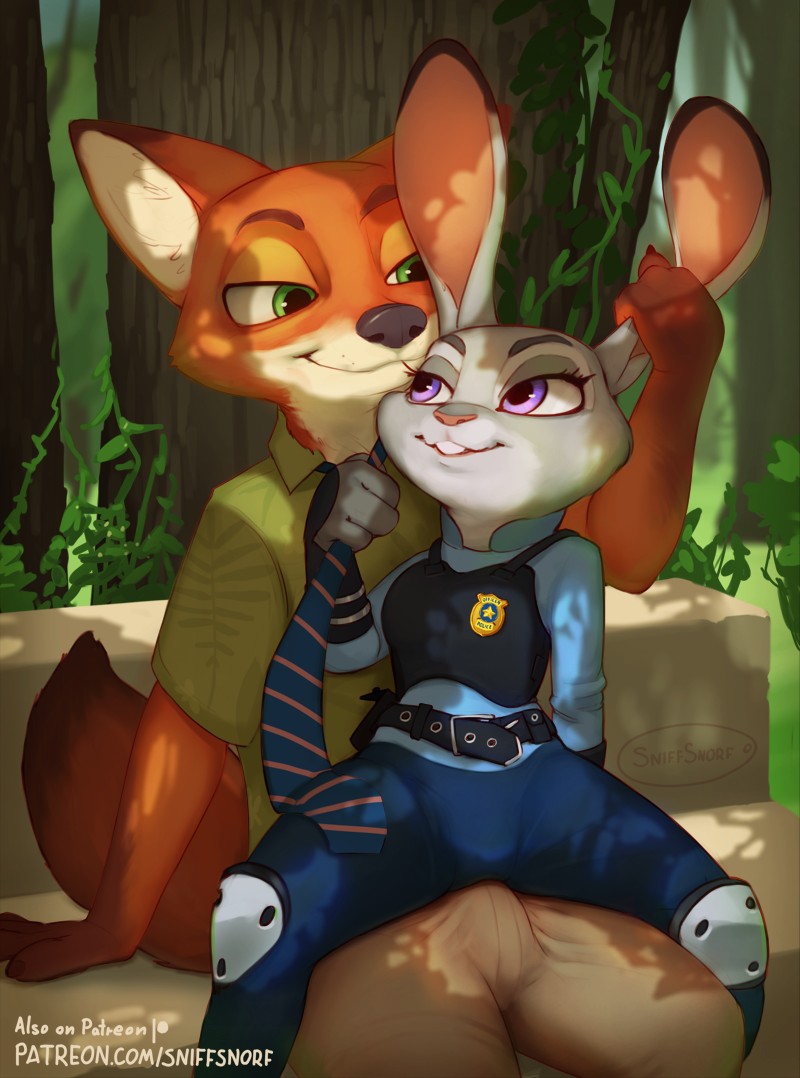 alternate_version_at_paywall anthro bench biped buckteeth canid canine clothed clothing clothing_pull detailed_background disney duo ear_grab erection erection_under_clothing female fox fur green_eyes grey_body grey_fur inner_ear_fluff judy_hopps lagomorph leporid male mammal necktie necktie_pull nick_wilde on_bench orange_body orange_fur plant purple_eyes rabbit sitting sitting_on_another sitting_on_bench smile sniffsnorf teeth tree tuft uncensored_version_at_paywall zootopia