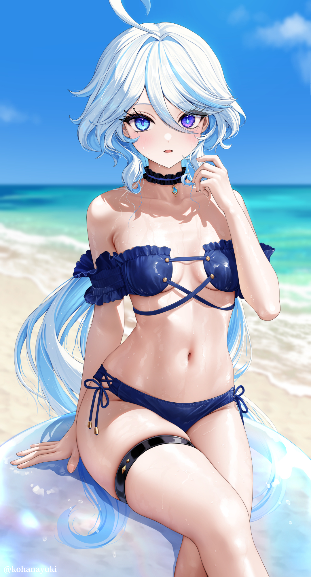 1girls, 2d, 2d (artwork), alternate costume, beach, belly button, bikini, blue bikini, blue bikini bottom, blue bikini top, blue eyes, blue hair, blue swimsuit, breasts, crossed legs, day, female, female focus, female only, front view, furina (genshin impact), genshin impact, heterochromia, high resolution, highres, hoyoverse, kohanayuki, light skin, light-skinned female, long hair, looking at viewer, mihoyo, navel, ocean, outdoors, sitting, sitting on person, sky, slim female, small breasts, solo, solo female, solo focus, summer, swimsuit, two-tone hair, water, wet, wet body, white hair, young, younger female