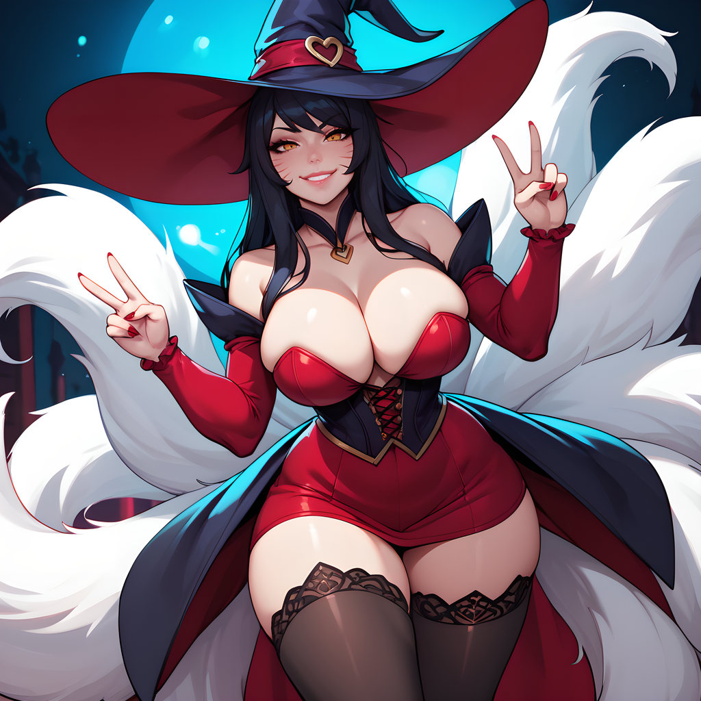 ahri ai_generated big_breasts black_stockings cleavage eogard_orc fox_tail halloween_costume league_of_legends peace_sign riot_games self_upload simple_background thick_thighs witch_costume witch_hat