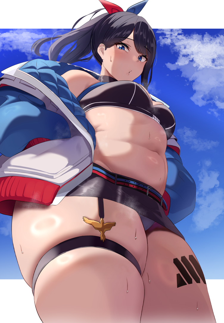 1girls blue_eyes blue_hair bottomwear breasts dark_blue_hair female female_only hair hair_ornament jacket legwear miniskirt open_jacket panties pencil_skirt plump_thighs ponytail skimpy skimpy_clothes skirt solo solo_female ssss.gridman sweat sweatdrop takarada_rikka thick_thighs thigh_focus thigh_strap thighs topwear tsukunendo white_panties