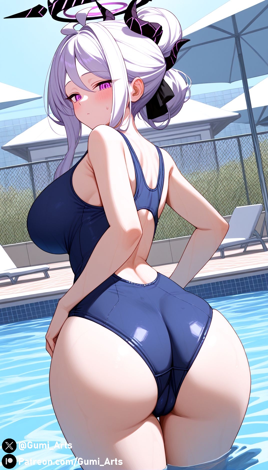 ai generated, ass, blue archive, blush, breasts, covered pussy, female, gumi arts, hair bun, halo, hina (blue archive), horn, in water, large breasts, long hair, looking at viewer, looking back, mature female, poolside, purple eyes, pussy, stable diffusion, thick thighs, water, wet, white hair, wide hips