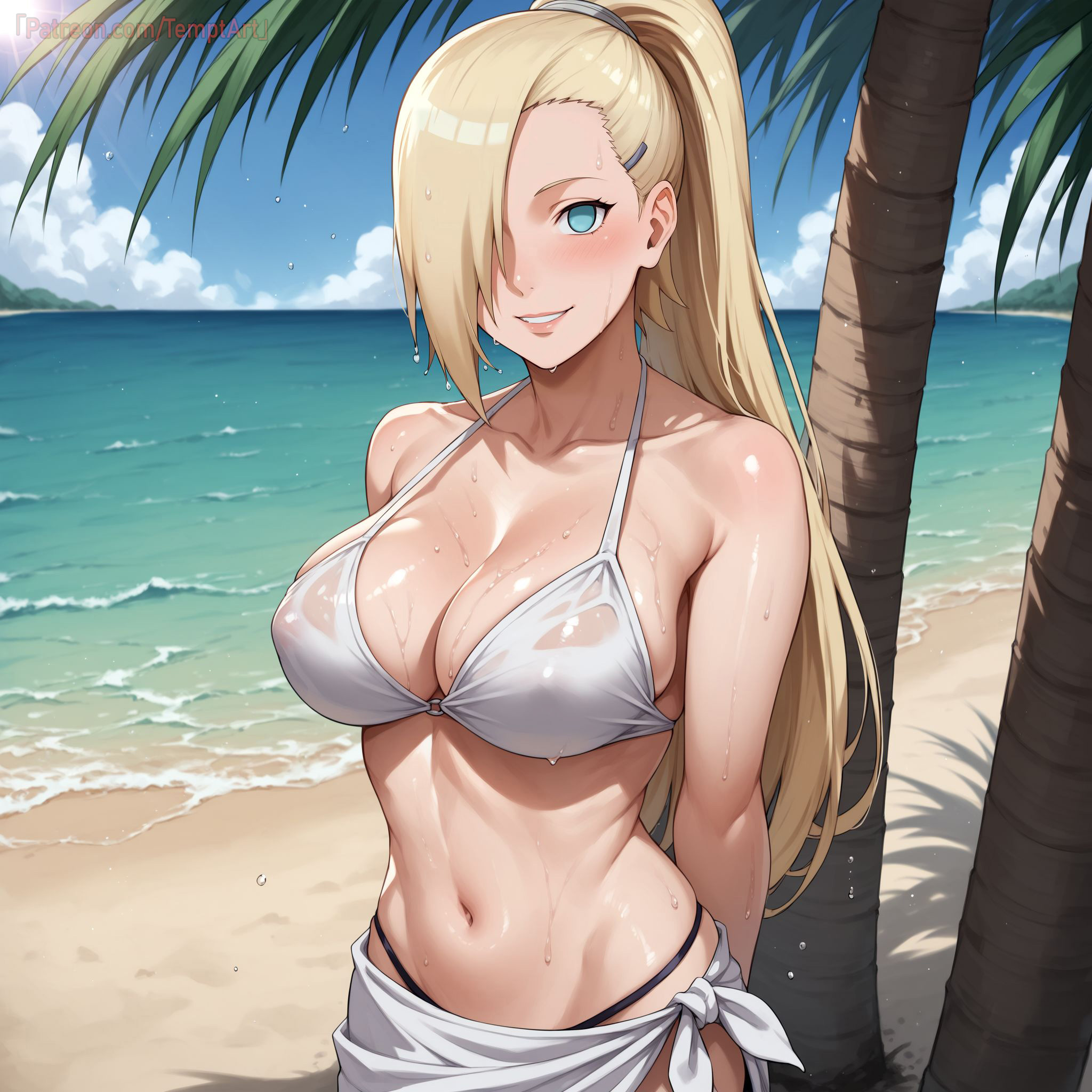1girls, abs, ai generated, arm support, bare chest, bare legs, bare midriff, bare shoulders, beach, big breasts, bikini, bikini bottom, bikini top, blonde hair, blue eyes, blush, boruto: naruto next generations, breasts, cameltoe, cleavage, clouds, curvaceous, curvy, curvy body, curvy female, curvy figure, facial mark, female, female only, hair ornament, hairclip, high resolution, highleg, highleg bikini, ino yamanaka, light skin, light-skinned female, mature, mature female, milf, nai diffusion, naruto, naruto (series), naruto shippuden, navel, partially submerged, pinup, ponytail, pussy, seaside, smile, solo, stable diffusion, standing, swimsuit, temptart, tied hair, toned, toned female, url, very long hair, voluptuous, water, watermark, web address, wide hips