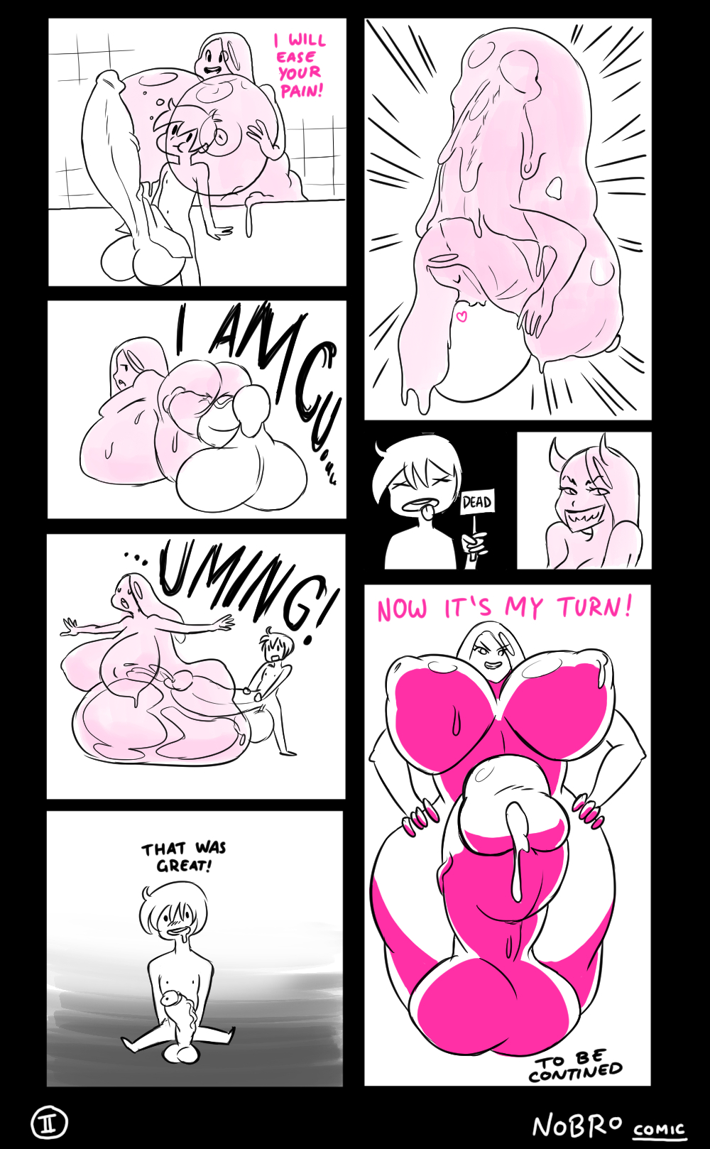bathroom, big breasts, big penis, boy rape, breasts, comic, english text, female, futanari, goo girl, huge breasts, huge cock, hyper, intersex, nobro, penis, reverse rape, slime girl, speech bubble, tagme, text