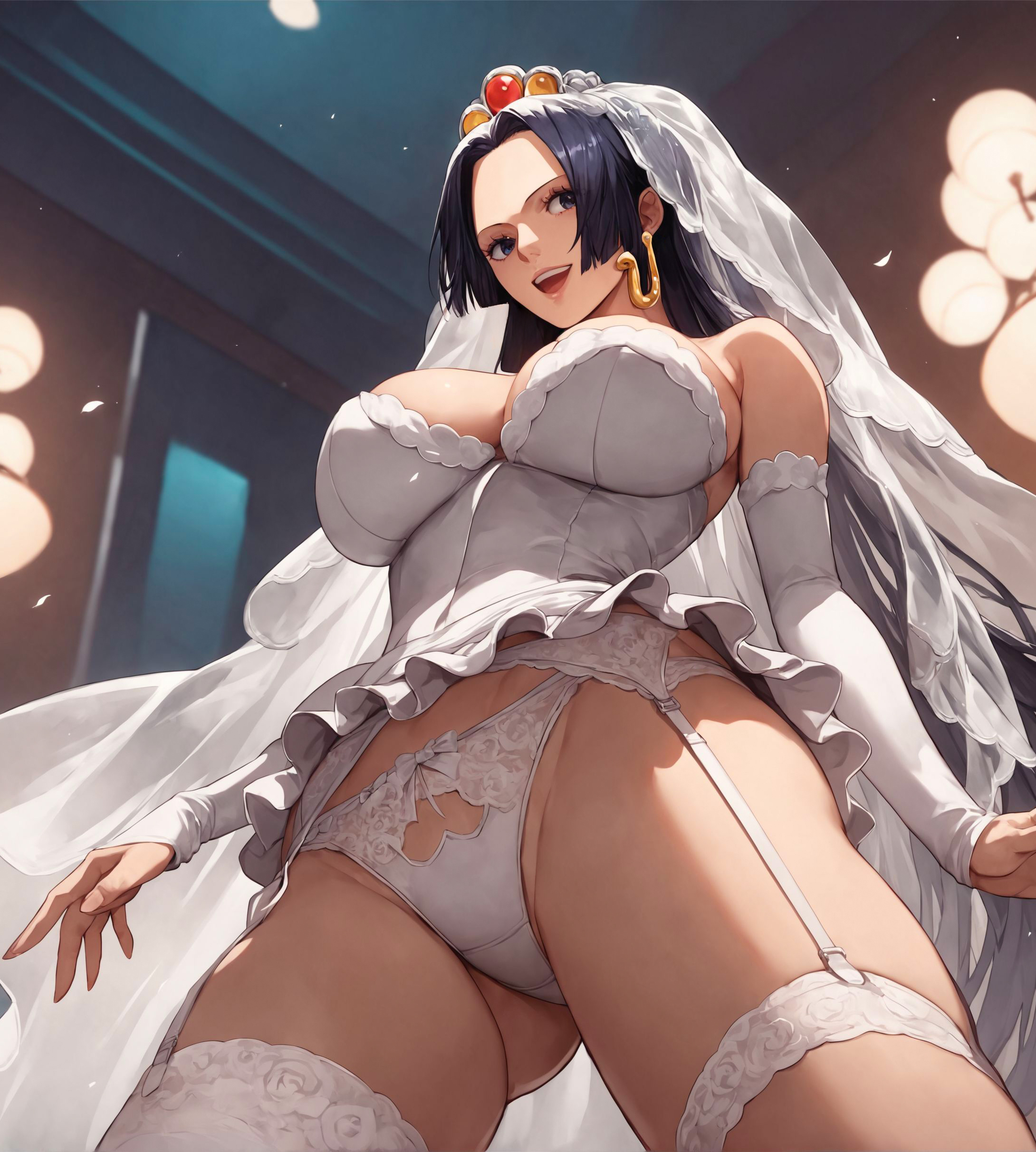 :d, 1girls, ai generated, alex-schura, bangs, bare shoulders, black hair, blue eyes, blush, boa hancock, bow panties, breasts, bridal gauntlets, bridal veil, bride, cleavage, clothes pull, clothing, cowboy shot, crown, curvaceous female, curvaceous figure, curvy, detached sleeves, dress, dress lift, dress pull, earrings, elbow gloves, female, female only, flower, forehead, garter belt, garter straps, gloves, headdress, headwear, indoors, jewelry, lace, lace trim, large breasts, legwear, lingerie, long hair, looking at viewer, looking down, one piece, open mouth, pantsu, parted bangs, see-through, skirt lift, skirt pull, smile, solo, stockings, thighhighs, thighs, tiara, underwear, veil, very long hair, voluptuous, voluptuous female, wedding dress, white dress, white elbow gloves, white gloves, white legwear, white lingerie, white panties, white thighhighs, white underwear