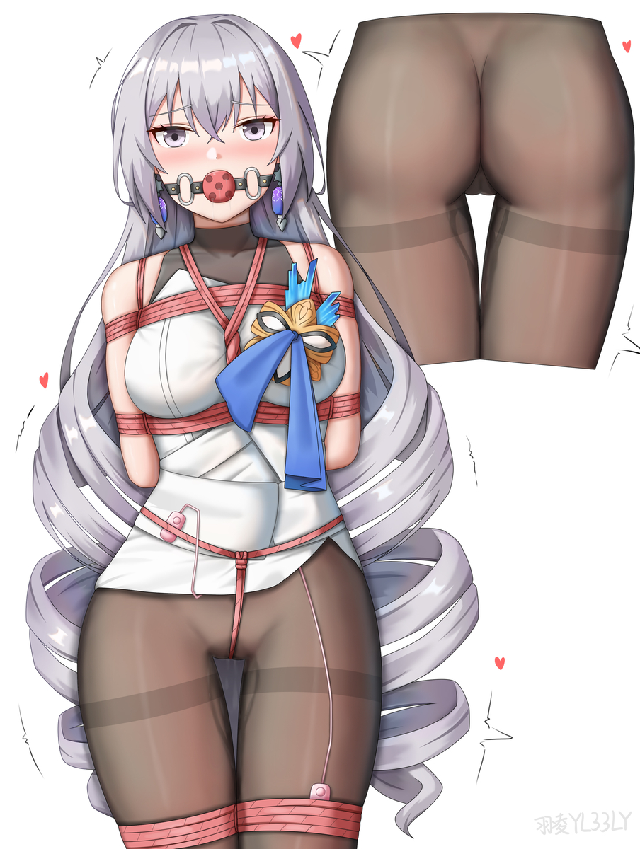 ass, ass focus, ball gag, bondage, bronya rand, crotch rope, gag, heart, honkai (series), honkai: star rail, pantyhose, silver hair, tied up, vibrator, vibrator cord
