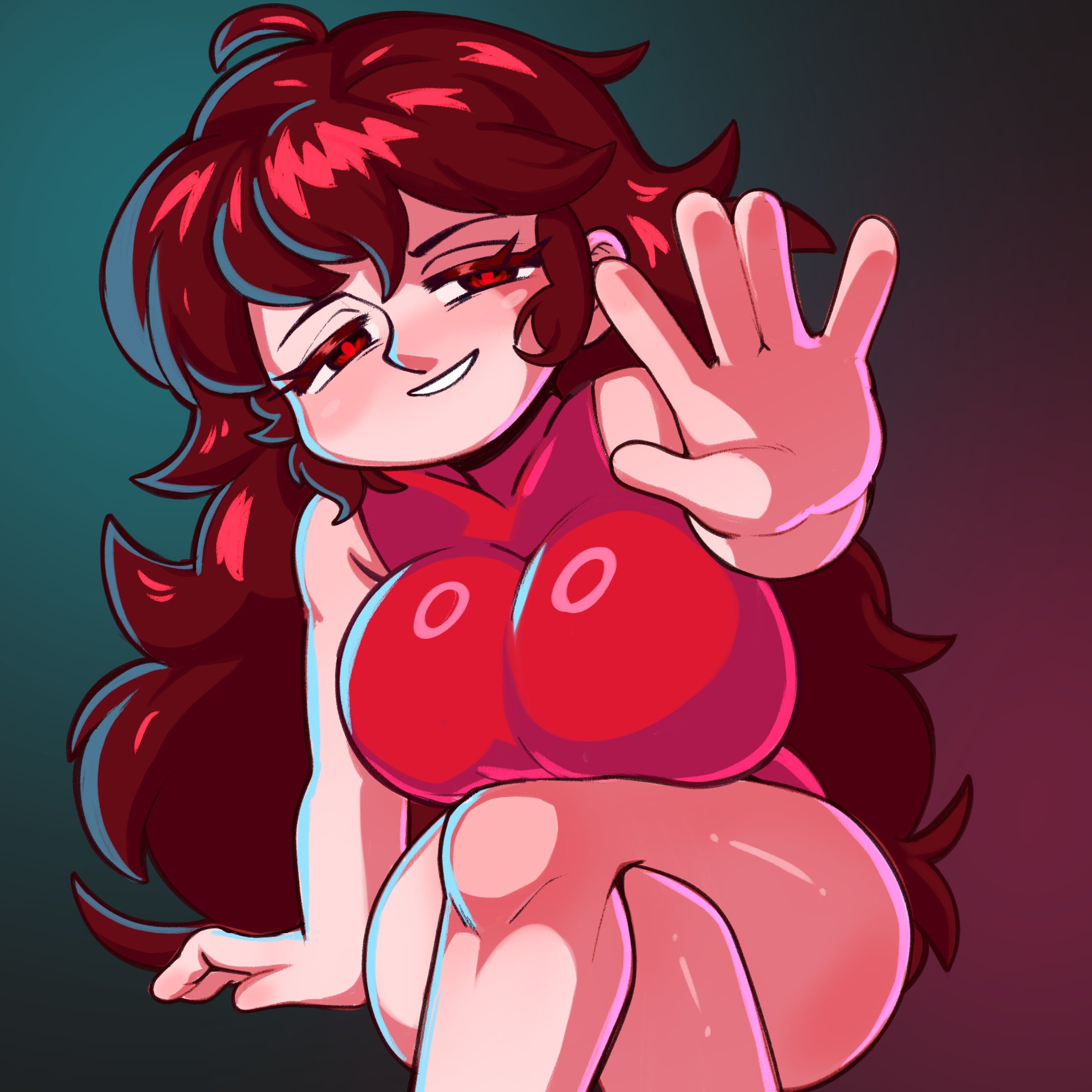 1girls, bare arms, bare legs, bare shoulders, bare thighs, big breasts, blush, breasts, brown hair, clothed, clothing, color, female, female focus, female only, friday night funkin, girlfriend (friday night funkin), glowhorn, glowing eyes, hi res, large breasts, light skin, light-skinned female, long hair, looking at viewer, red eyes, solo, solo female, tagme, thick thighs