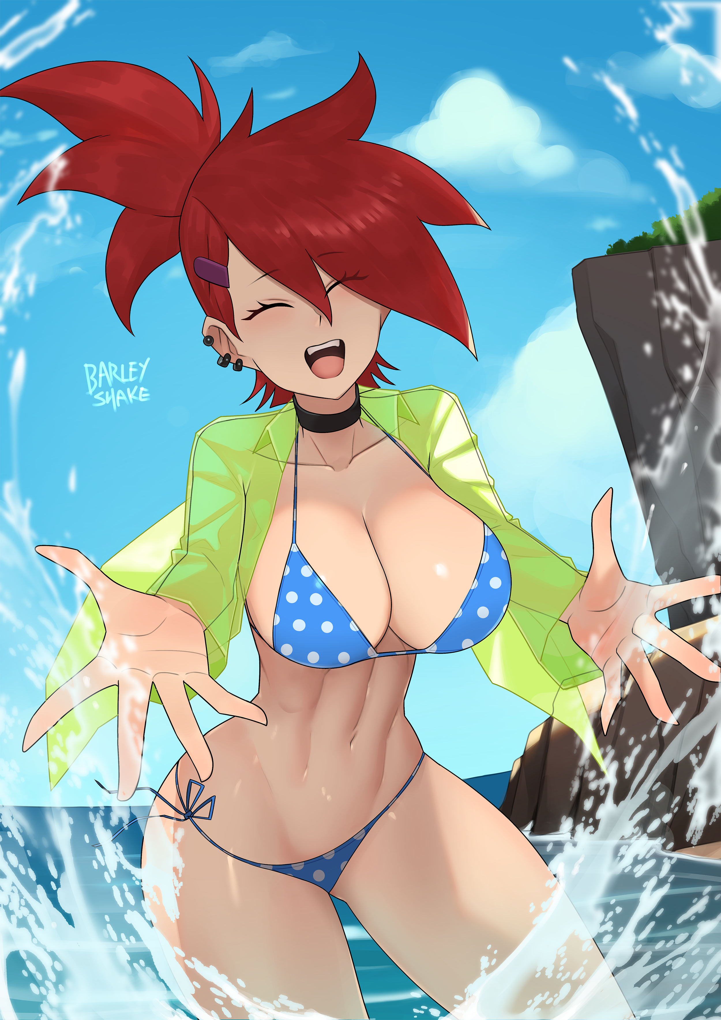 1girls, barely clothed, barleyshake, beach, bikini, choker, closed eyes, earrings, female, foster's home for imaginary friends, frankie foster, hi res, shaded, smiling, water
