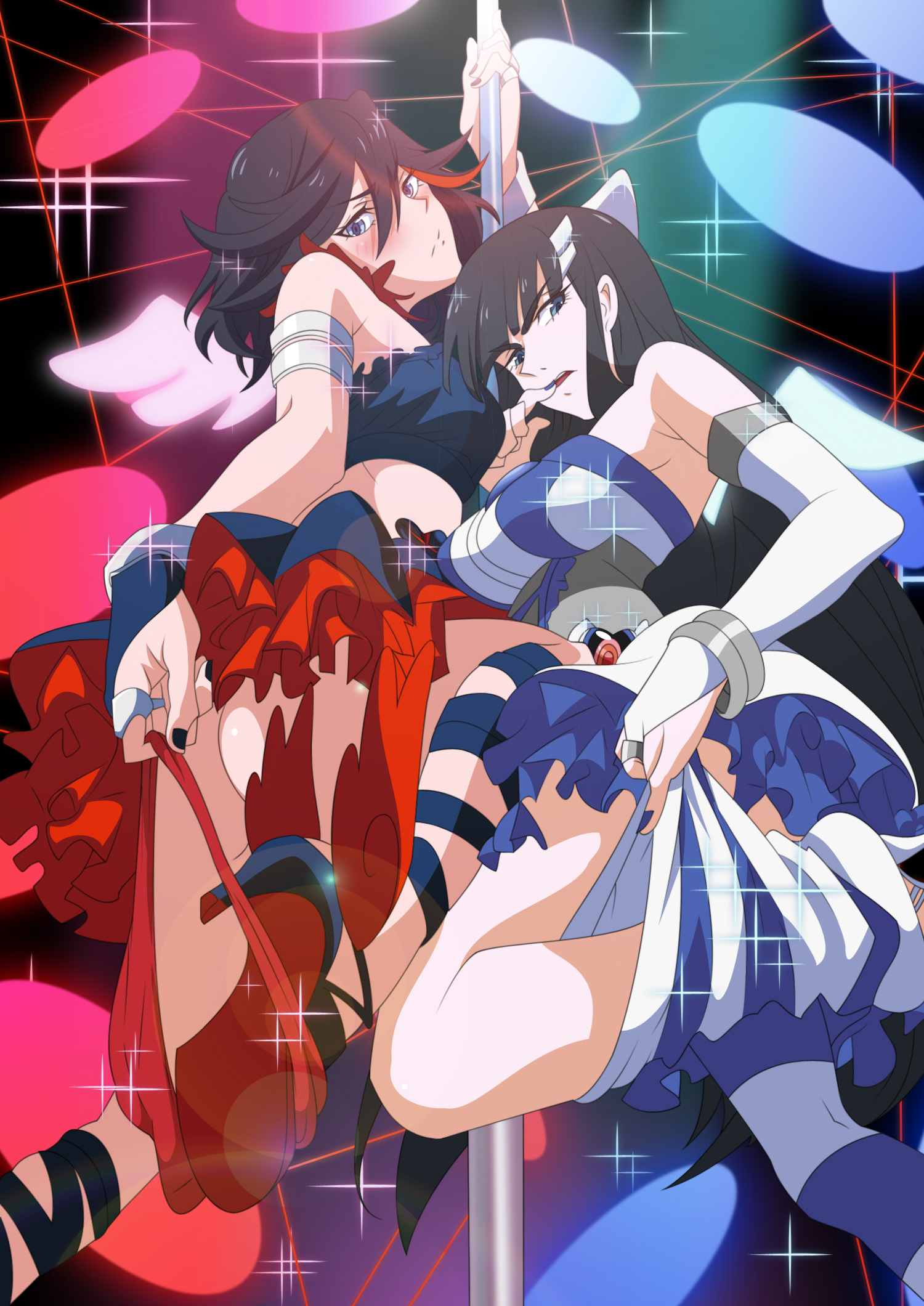 2girls, armlet, artist request, ass, biting finger, biting own finger, black hair, blue eyes, blush, breasts, colorized, cosplay, creator connection, female, female focus, female only, finger to mouth, hair ornament, hairclip, high heels, highres, jewelry, kill la kill, kiryuuin satsuki, long hair, looking at viewer, looking back, matoi ryuuko, mini wings, multiple females, multiple girls, panties, panty & stocking with garterbelt, panty anarchy (cosplay), panty pull, pole, pole dancing, short hair, siblings, sisters, source request, sparkle, stocking anarchy (cosplay), stripper pole, thighhighs pull, underwear, wings