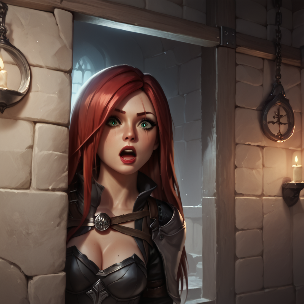 ai_generated green_eyes katarina_du_couteau league_of_legends macorony open_mouth red_hair scar surprised