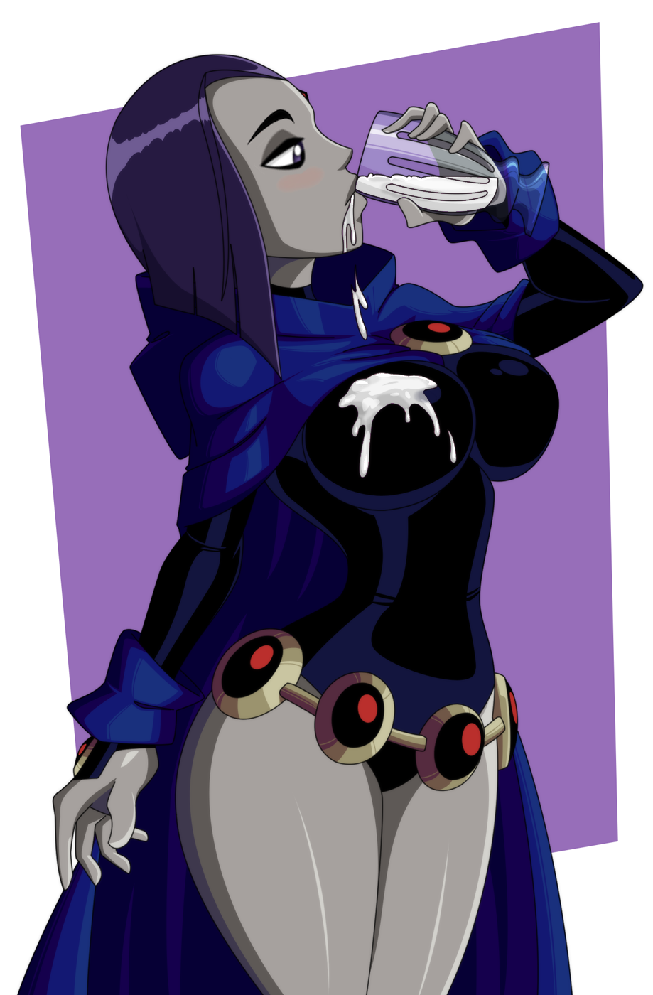 1girls alternate_breast_size belt big_breasts clothing cum cum_drinking cum_in_a_cup cum_in_container cum_in_glass curvy dc dc_comics dcau edit female female_only footwear large_breasts milkshake outerwear purple_background raven_(dc) ravenravenraven small_waist smooth_skin solo solo_focus teen_titans thighs white_background