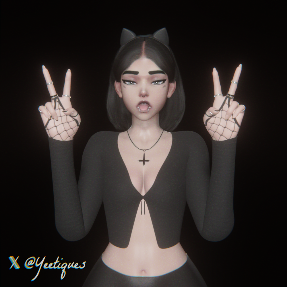 3d female female_only fishnets french_tip goth green_eyes kiriko_(overwatch) kiriko_kamori necklace overwatch overwatch_2 peace_sign piercings rings skinny small_breasts tongue tongue_out upside_down_cross yeetiques