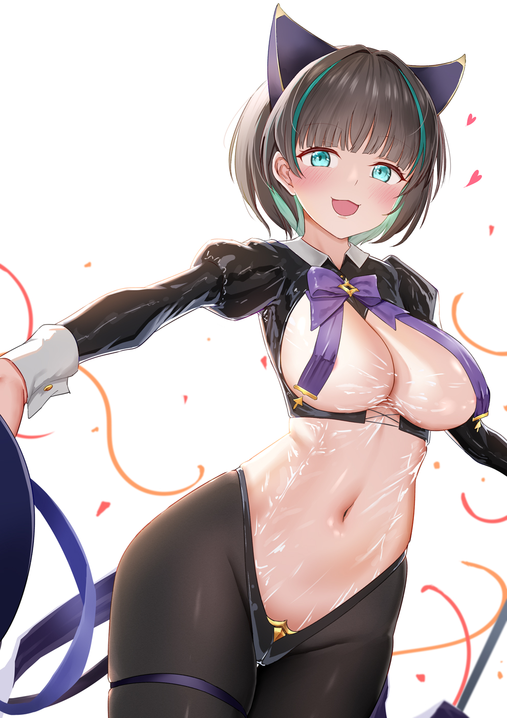 1girls :3 :d azur_lane black_shrug breast_curtains breasts cheshire_(azur_lane) cheshire_(the_cat_in_the_magic_hat)_(azur_lane) cleavage covered_navel hat heart highres holding holding_clothes holding_hat leotard light-skinned_female light_skin looking_at_viewer mailixiang meme_attire multicolored_hair nontraditional_playboy_bunny official_alternate_costume reverse_bunnysuit reverse_outfit royal_navy_(azur_lane) see-through see-through_leotard short_hair streaked_hair top_hat white_background