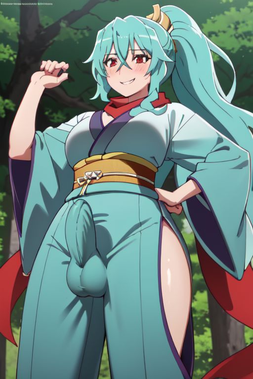 ai_generated aqua_hair big_breasts big_penis bulge bulge_through_clothing bulge_under_clothes futanari huge_breasts huge_cock nouserid123 red_eyes tomoe tsuki_ga_michibiku_isekai_douchuu tsukimichi_moonlit_fantasy