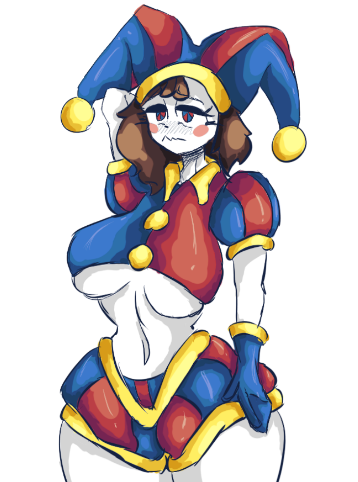 ass big_ass big_breasts blue breasts brown_hair clown clown_girl colored female female_focus female_only gooseworx hi_res meremor pomni_(the_amazing_digital_circus) red the_amazing_digital_circus thick_thighs thighs underboob