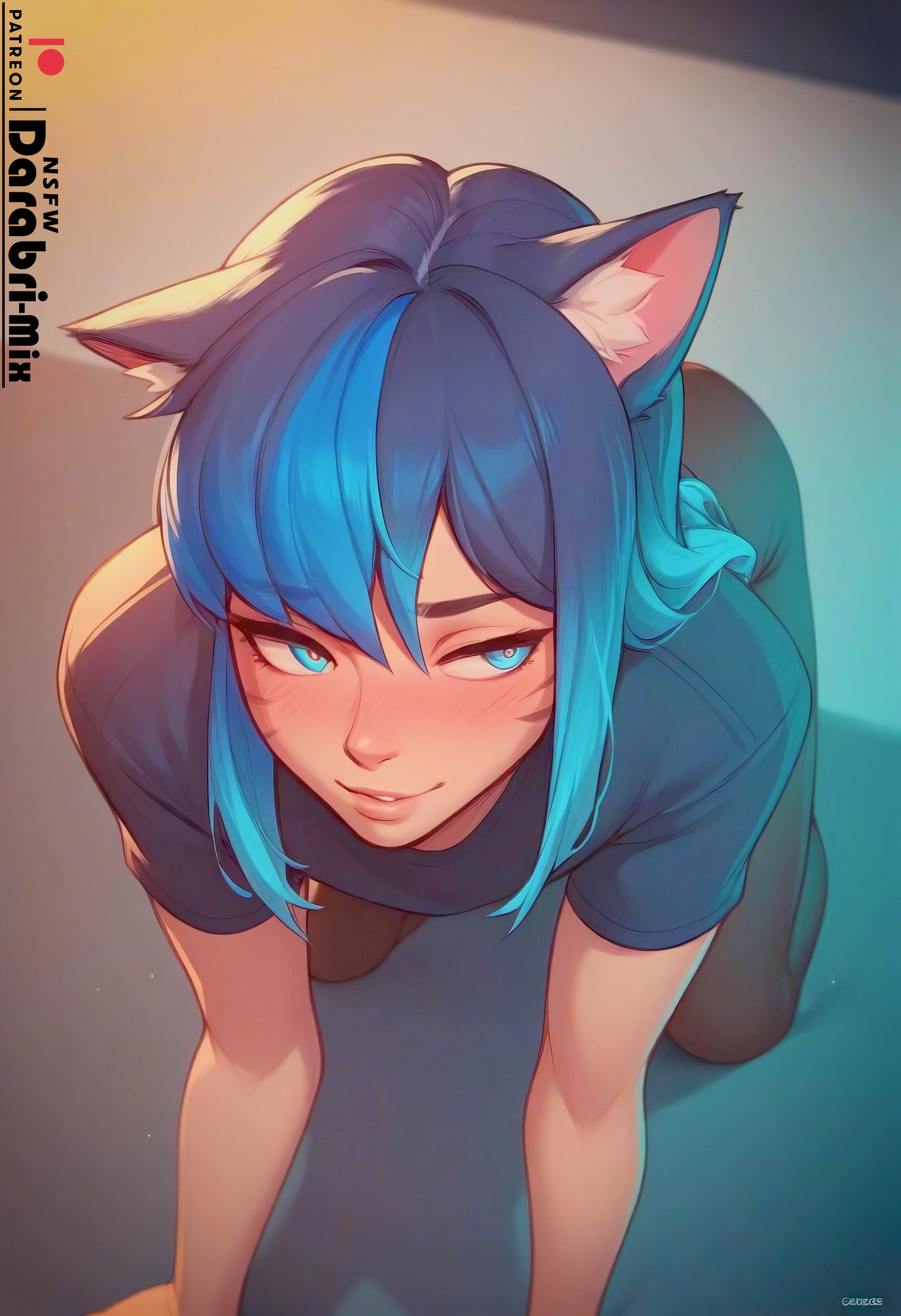 1boy, ai generated, blue eyes, blush, cat boy, cat ears, catboy, cute, darabri-mix, femboy, feminine male, gay, girly, male, otoko no ko, trap, yaoi