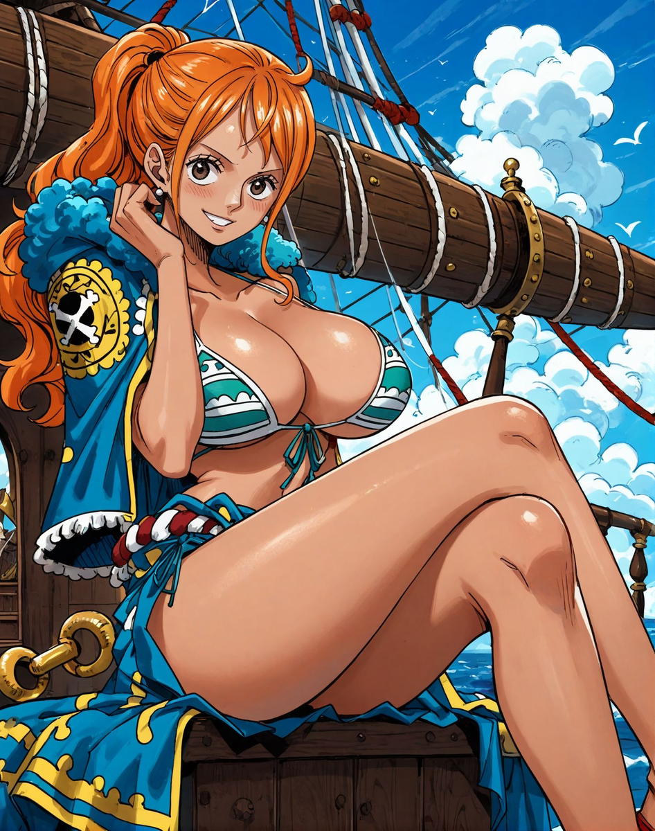 1girls ai_generated bare_arms bare_legs bare_shoulders bare_thighs big_breasts bikini bikini_bottom bikini_top blush clothed clothing color female female_focus female_only hi_res large_breasts light-skinned_female light_skin long_hair looking_at_viewer nami nami_(one_piece) one_piece orange_eyes orange_hair post-timeskip shounen_jump solo solo_female tagme thick_thighs water wet yashin