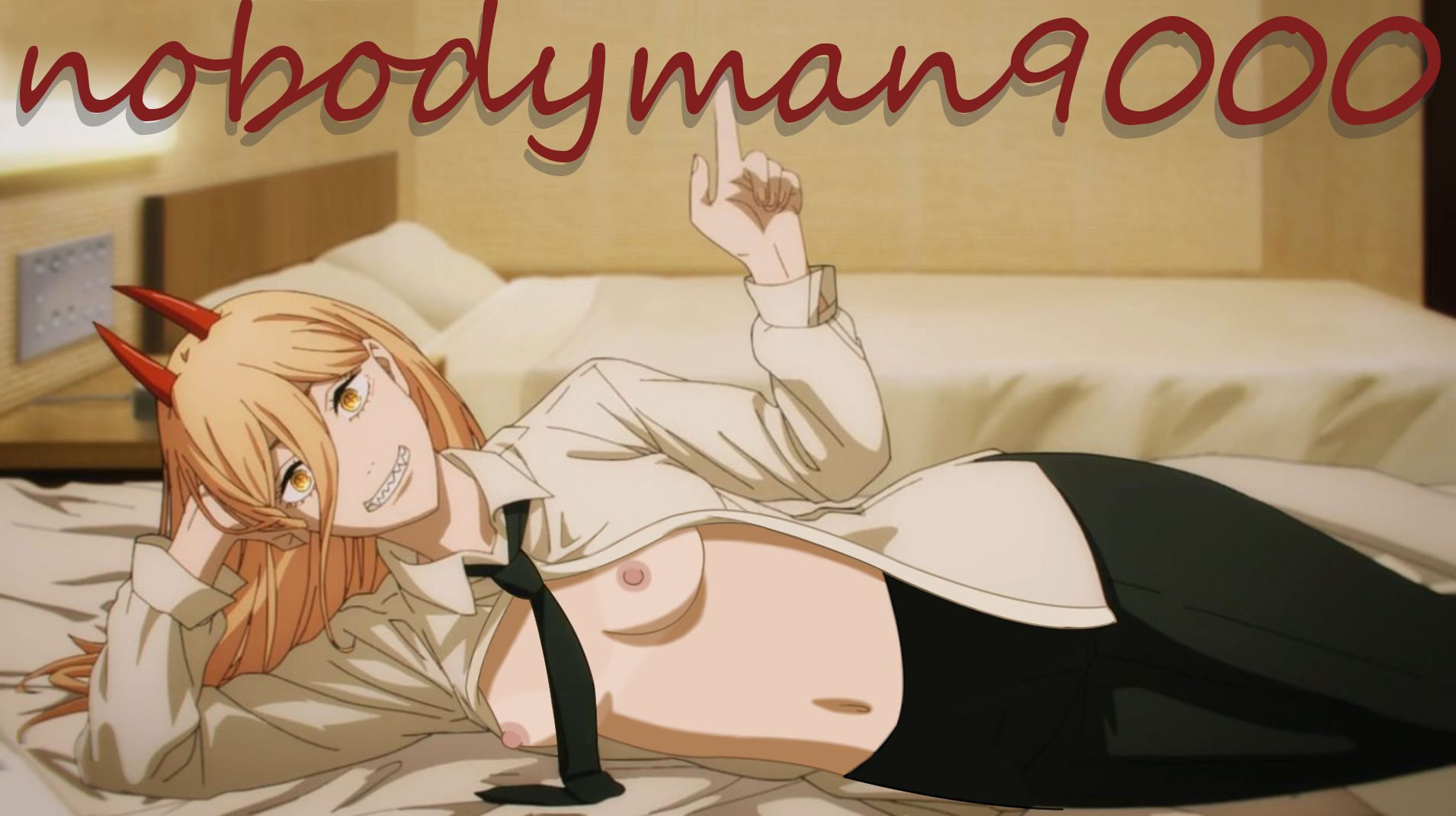 accurate art style, artist name, bangs, bed, bedroom, blonde hair, breasts, chainsaw man, clothed, clothing, collared shirt, edit, eyelashes, female, grinning, grinning at viewer, hair between eyes, horns, indoors, long hair, long sleeves, looking at viewer, lying, lying on bed, lying on side, necktie, nipples, nobodyman9000, on bed, open clothes, open shirt, pants, pointing, power (chainsaw man), seductive pose, sexually suggestive, sharp teeth, small breasts, smile, solo, straight hair, white shirt, yellow eyes