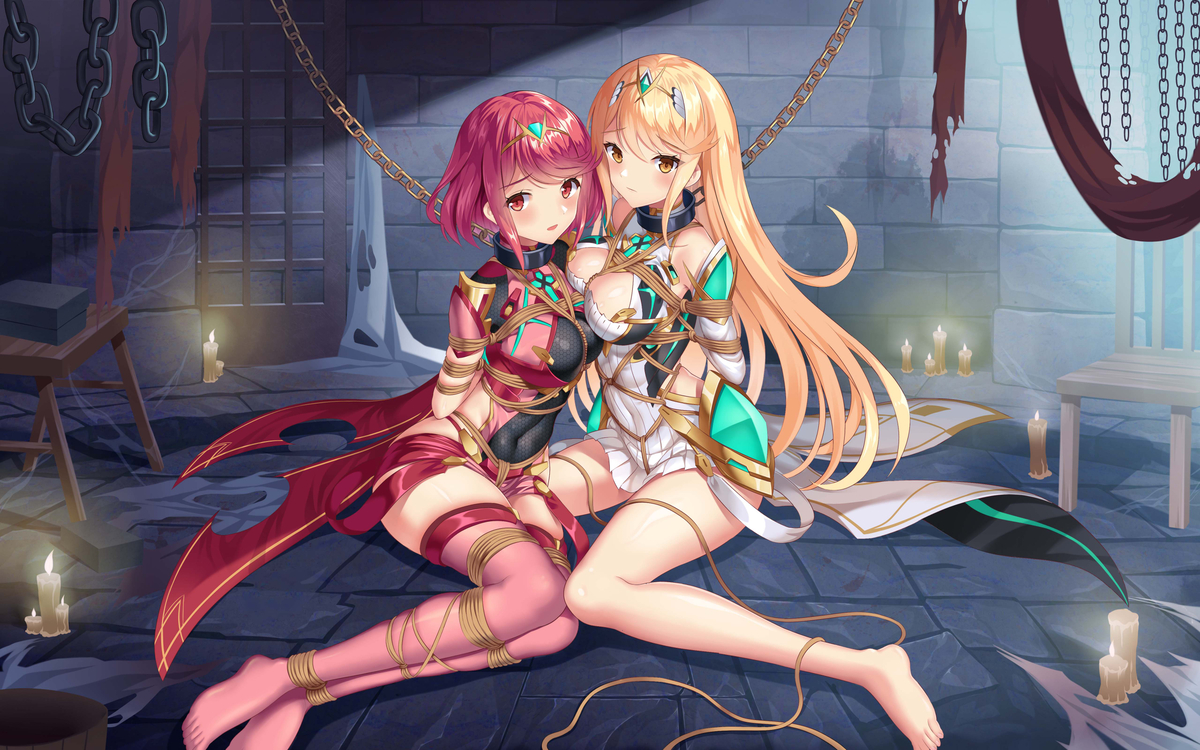 2girls, blonde hair, bondage, chain leash, chains, collar, dungeon, female, mythra, pyra, red hair, restrained, tied together, tied up, xenoblade (series), xenoblade chronicles 2