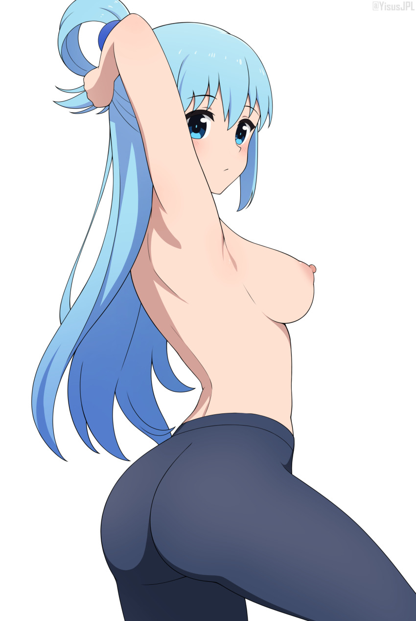 1girls aqua_(konosuba) arm_behind_head arm_up ass black_pants blue_eyes blue_hair breasts kono_subarashii_sekai_ni_shukufuku_wo! long_hair looking_at_viewer looking_back medium_breasts nipples pants solo sportswear thighs topless white_background yisusjpl yoga_pants