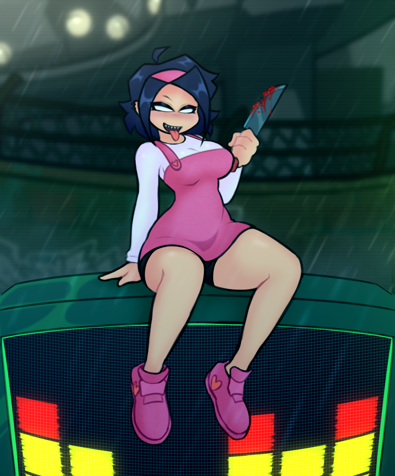 1girls big_breasts blood clothed coy_doy dress ear_piercing fnf friday_night_funkin horny knife looking_at_viewer nene_(newgrounds) newgrounds overalls pico's_school raining sharp_teeth shorts sitting solo solo_female tongue tongue_out white_eyes