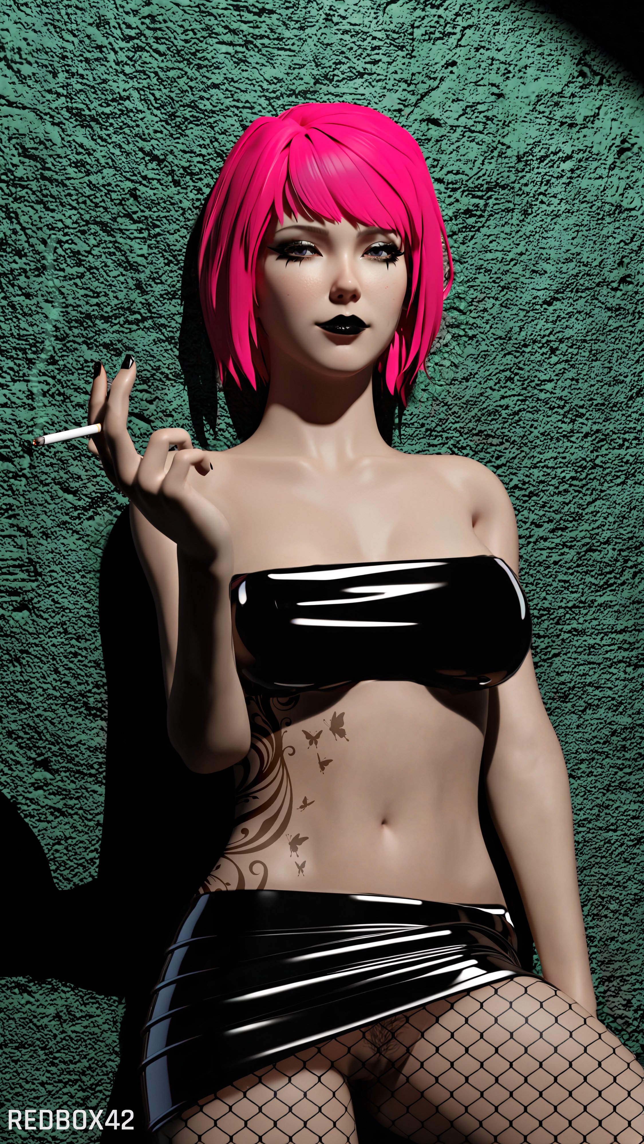 3d, black fingernails, black lipstick, cigarette, dontnod entertainment, female, female only, fishnets, goth, goth girl, latex, latex clothing, life is strange, looking at viewer, max caulfield, nail polish, painted fingernails, painted nails, pink hair, pubic hair, pussy, redbox42, revealing clothes, rubber, rubber clothing, shiny clothes, smoking, tattoo