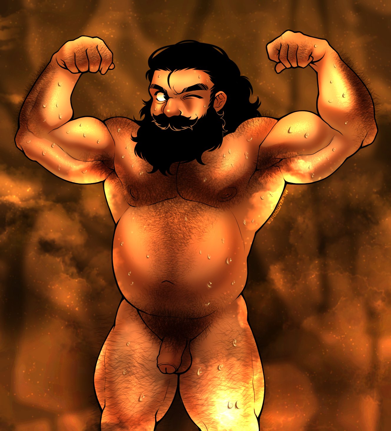 1boy armpits bara beard belly brown_hair completely_nude double_biceps_pose dungeon_meshi dwarf facial_hair feet_out_of_frame flaccid flexing full_beard hairy highres long_beard looking_to_the_side male male_focus male_only male_pubic_hair mature_male milkentiddies moustache navel navel_hair nipples nude penis pubic_hair sauna senshi_(dungeon_meshi) solo standing steaming_body stomach sweat thick_arm_hair thick_beard thick_chest_hair thick_eyebrows thick_leg_hair thick_mustache thick_navel_hair uncensored very_hairy