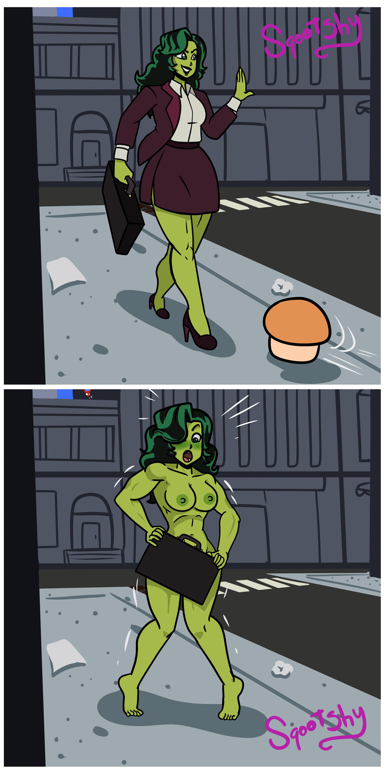 breasts briefcase covering covering_crotch disappearing_clothes embarrassed embarrassed_nude_female enf exhibitionism exhibitionist green_skin marvel mushroom naked naked_female nipples public public_nudity she-hulk sqootshy suddenly_naked superhero superheroine