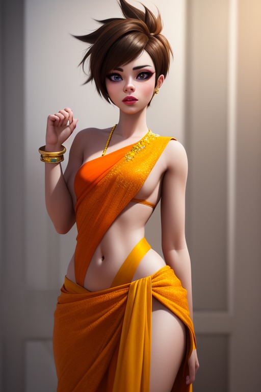 ai_generated bangle brown_hair gold_jewelry indian jewelry light-skinned_female mascara orange_dress overwatch overwatch_2 pale_skin saree short_hair tracer wide_hips