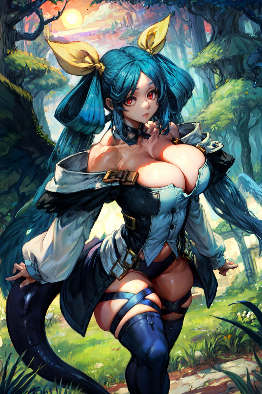 1girls 2d ai_generated arc_system_works bare_shoulders belly belly_button big_breasts blue_hair breasts cleavage dizzy_(guilty_gear) female guilty_gear hair_ribbon hips long_hair looking_at_viewer open_shoulders panties red_eyes skirt solo source standing tail tampopo thick_thighs thighhighs thighs tied_hair underwear vest wide_hips yellow_bow