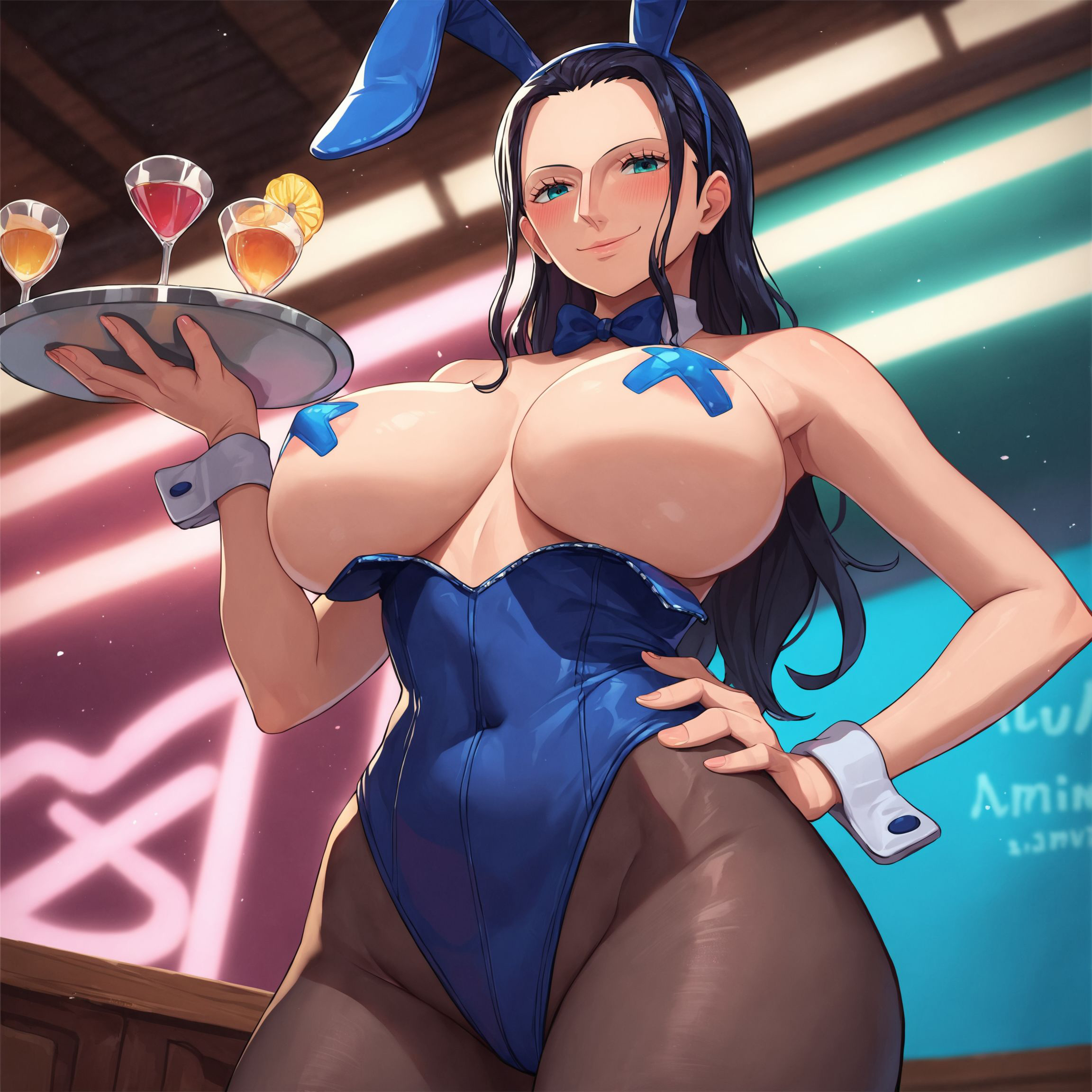 1girls, ai generated, alcohol, alex-schura, animal ears, areola slip, bangs, bare shoulders, black hair, black leotard, blue bow, blue eyes, blue leotard, blush, bow, bowtie, breasts, brown pantyhose, bunny ears, bunny girl, bunny tail, bunnysuit, cleavage, closed mouth, clothing, covered navel, cowboy shot, cup, curvaceous, curvaceous female, curvaceous figure, curvy, curvy figure, detached collar, drinking glass, fake animal ears, female, female only, forehead, groin, hand on hip, highleg, highleg leotard, holding, holding tray, huge breasts, indoors, large breasts, legwear, leotard, leotard pull, long hair, looking at viewer, nico robin, one piece, pantyhose, pasties, playboy bunny, post-timeskip, smile, solo, standing, strapless, strapless leotard, thighs, tray, voluptuous, voluptuous female, wrist cuffs