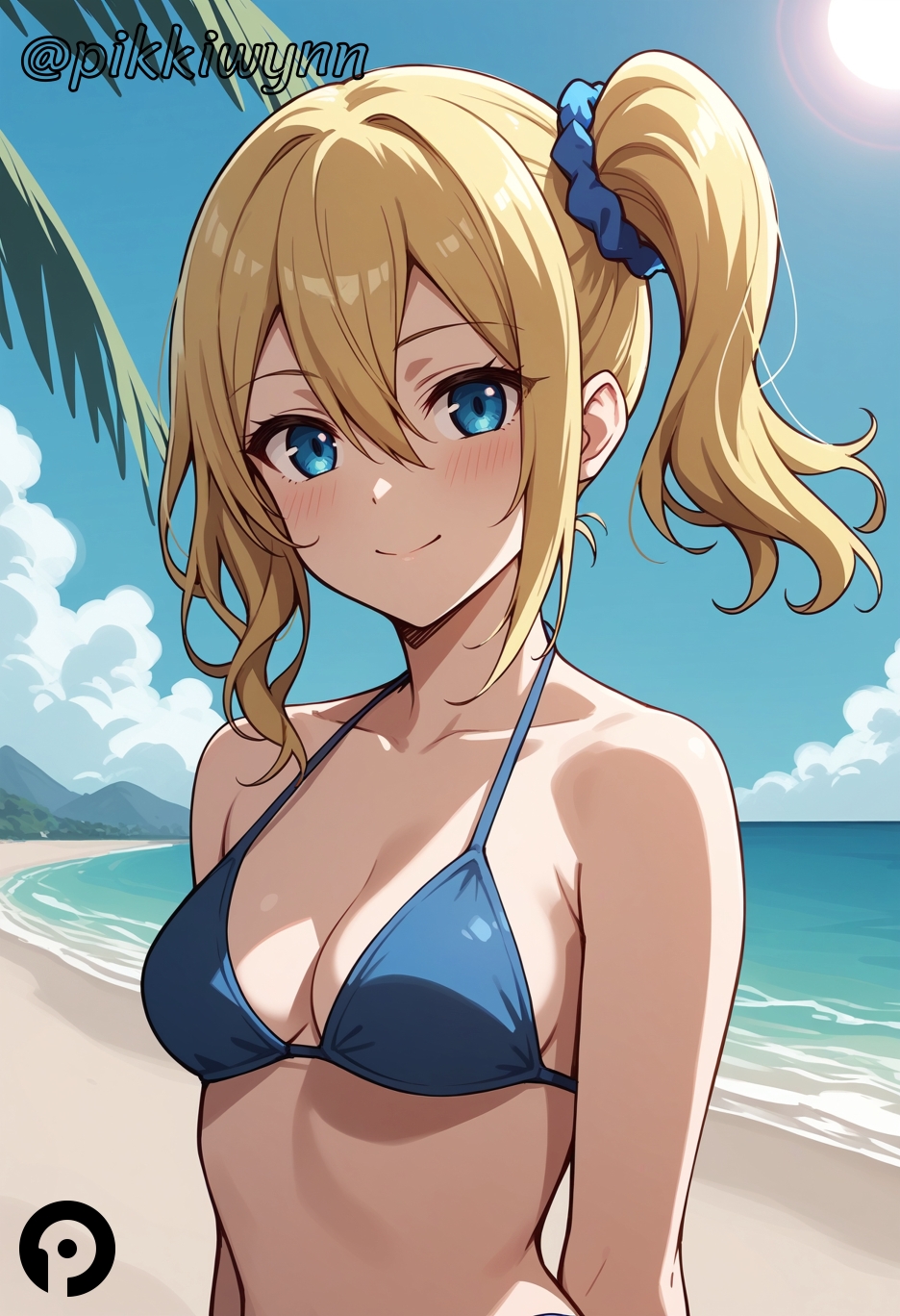 ai_generated bangs bare_shoulders beach bikini blonde_hair blue_bikini blue_eyes blue_scrunchie blue_sky blush breasts cleavage closed_mouth cloud collarbone day female hair_between_eyes hair_ornament hair_scrunchie halterneck hayasaka_ai kaguya-sama_wa_kokurasetai_~tensai-tachi_no_renai_zunousen~ looking_at_viewer medium_breasts ocean outdoors pikkiwynn sand scrunchie side_ponytail sidelocks sky smile solo string_bikini swimsuit upper_body