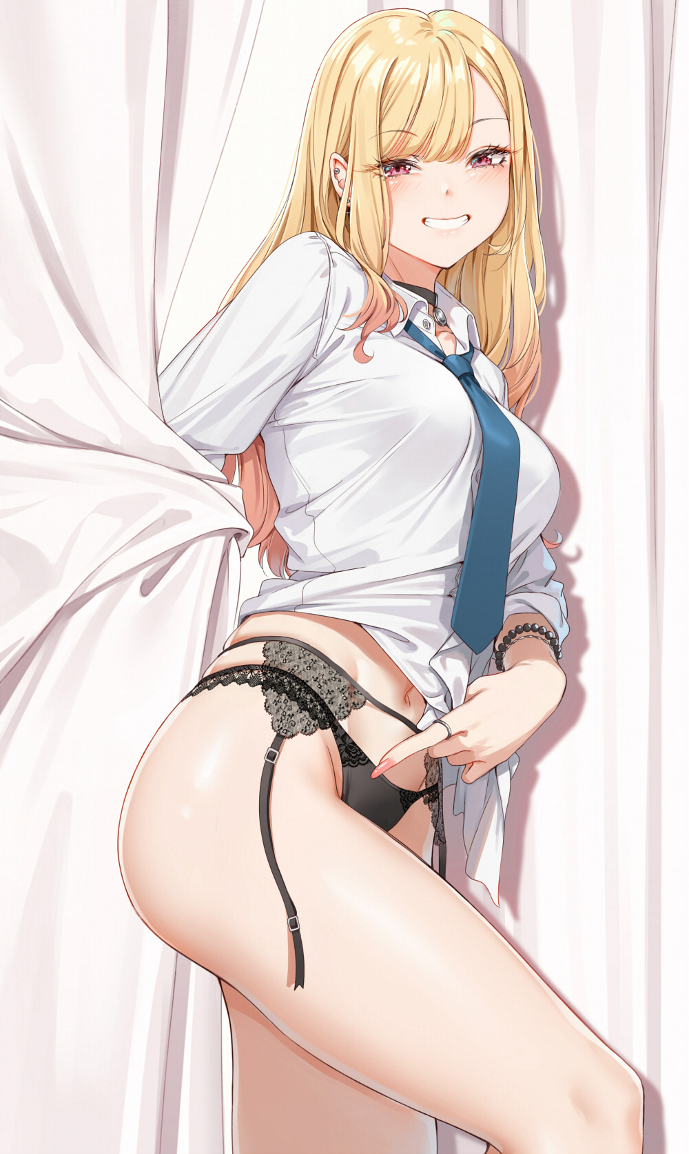 bead bracelet, beads, black choker, black clothes, black panties, black underwear, blonde hair, blue necktie, blue neckwear, bracelet, breasts, choker, clothing, collared shirt, curtain grab, curtains, ear piercing, earrings, fangxiang cuoluan, female, female only, garter belt, grabbing, grin, gyaru, high resolution, japanese language, jewelry, kitagawa marin, lingerie, long hair, long sleeves, looking at viewer, navel, necktie, neckwear, no pants, non-h, pantsu, piercing, portrait, red eyes, ring, shirt, smile, solo, sono bisque doll wa koi wo suru, thighs, underwear, white shirt