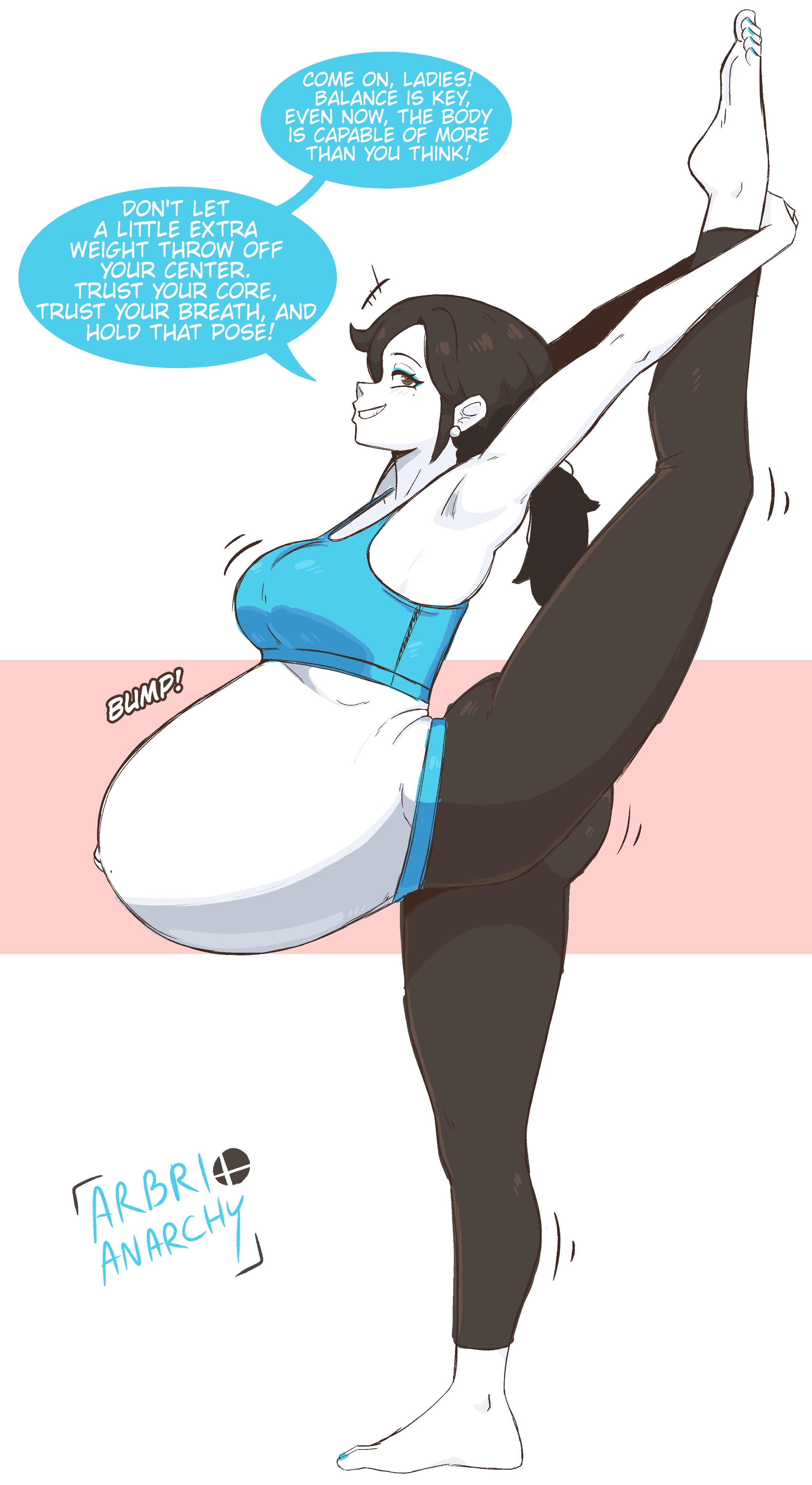 1girls, arbrianarchy, atletic, black hair, crop top, english dialogue, english text, feet up, female, female only, humanoid, leggings, looking at viewer, nails painted, pregnant, pregnant belly, pregnant female, solo, super belly, white skin, wii fit, wii fit trainer, wii fit trainer (female)