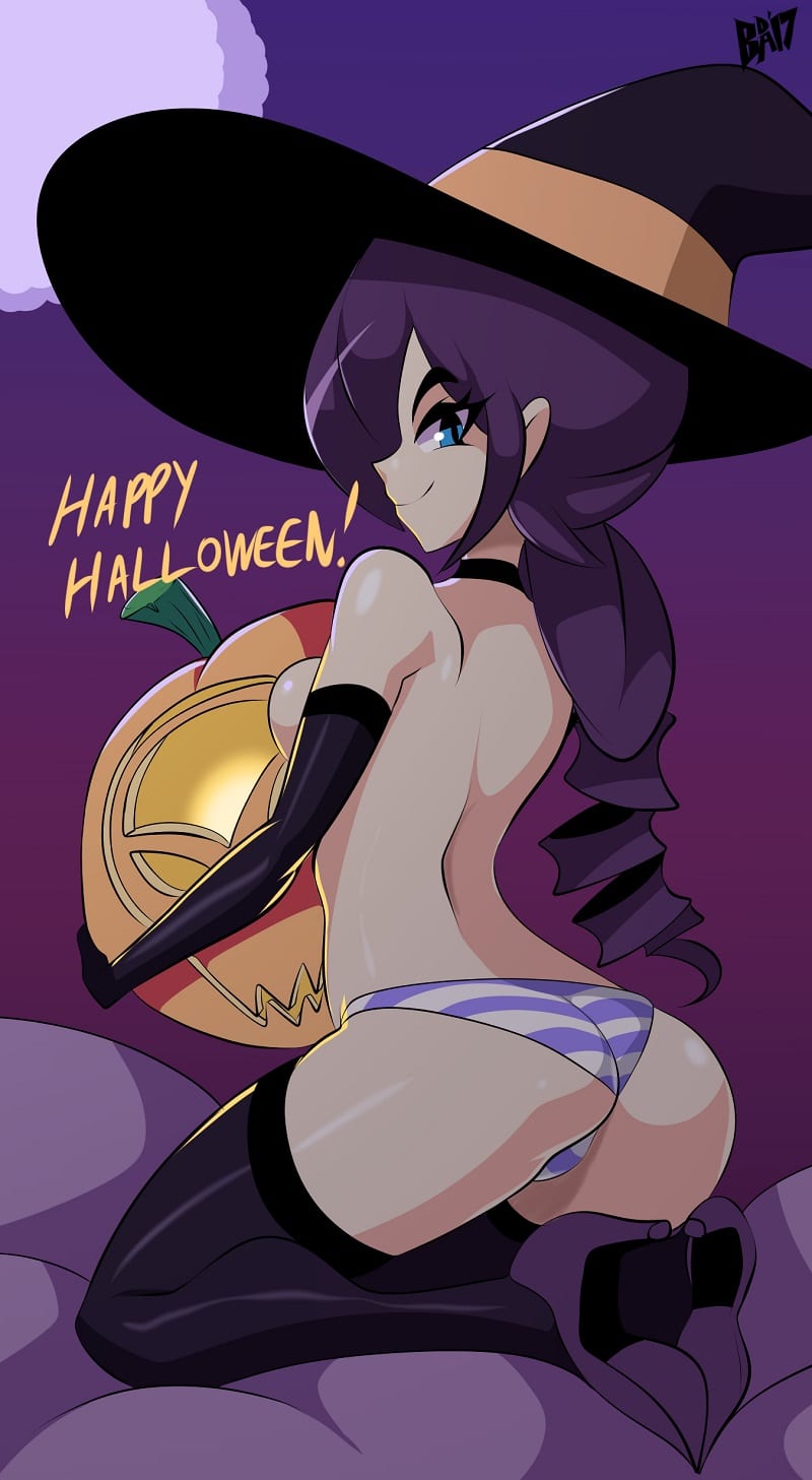 1girls, ass, back view, bigdeadalive, blue eyes, breasts, female, female only, halloween, hi res, high heels, medium breasts, original, panties, pumpkin, purple hair, solo, stockings, thighhigh boots, thighhighs, topless, topless female, witch hat, zone-tan