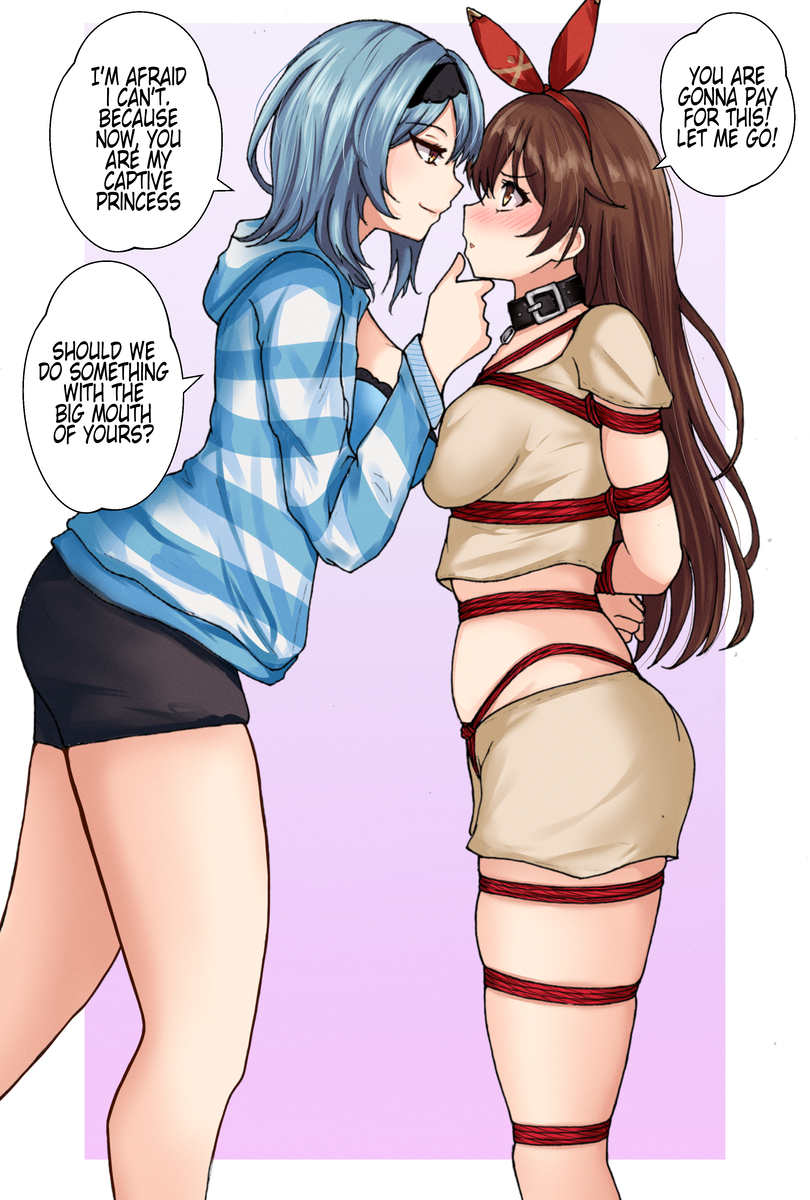 2girls amber_(genshin_impact) blue_hair bondage brown_hair collar collar_tag damsel_in_distress eula_(genshin_impact) genshin_impact hand_on_chin pajamas roleplay yuri