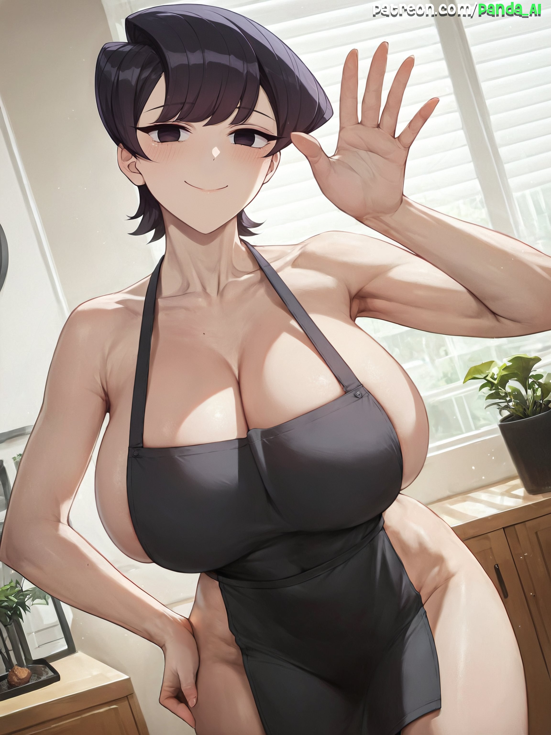 1girls, ai generated, apron, apron only, black hair, breasts, female, hi res, huge breasts, komi shuuko, komi-san wa komyushou desu, light skin, light-skinned female, mature female, milf, mommy, mother, naked apron, naughty face, panda ai, short hair, stable diffusion