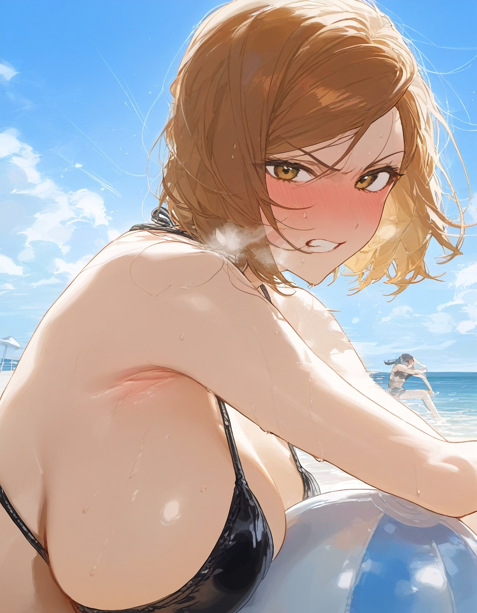 ai_generated angry annoyed_expression armpits beach big_breasts bikini blush glaring glaring_at_viewer huge_breasts jujutsu_kaisen kugisaki_nobara narrowed_eyes pov_eye_contact sneer sneering sunny sweat v-shaped_eyebrows