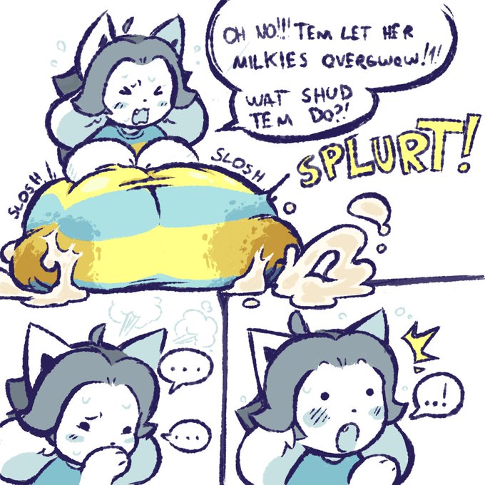 anthro big_breasts blush breasts female huge_breasts hyper hyper_breasts milk nucr4r onomatopoeia solo sound_effects speech_bubble temmie_(undertale) text undertale undertale_(series)