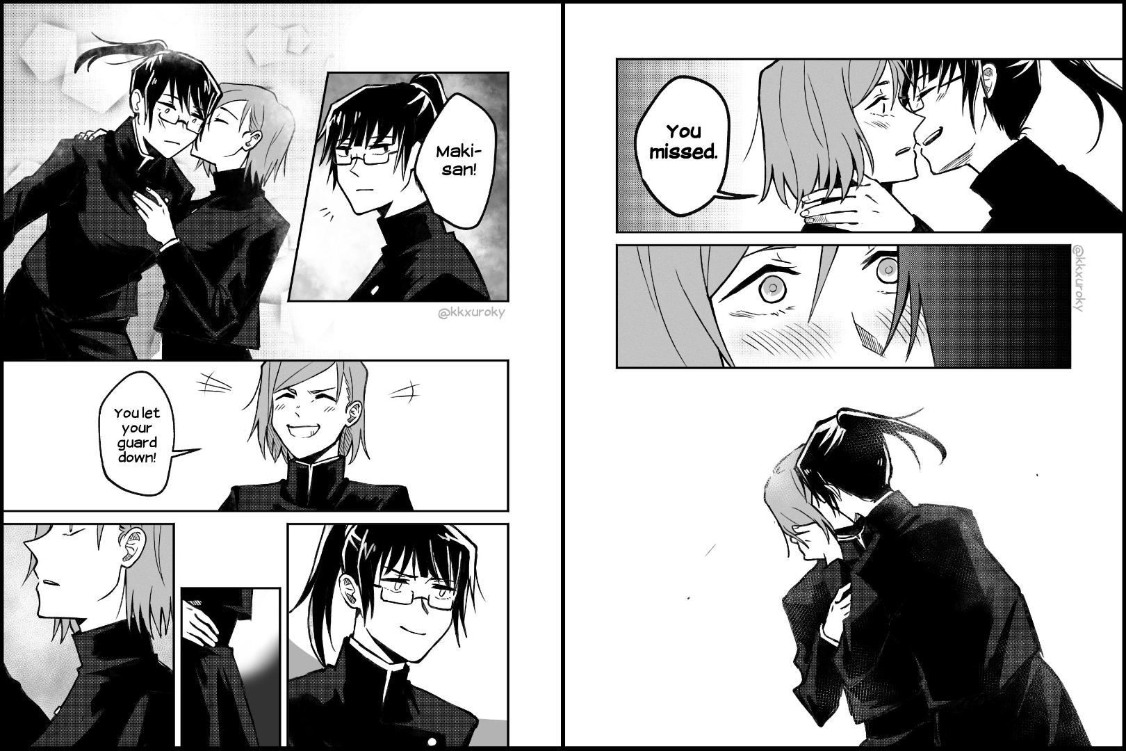 2girls, black and white, blush, english text, female, female only, human, jujutsu kaisen, kugisaki nobara, lesbian kiss, lesbians, monochrome, multiple females, multiple girls, speech bubble, tagme, text, wholesome, yuri, zenin maki