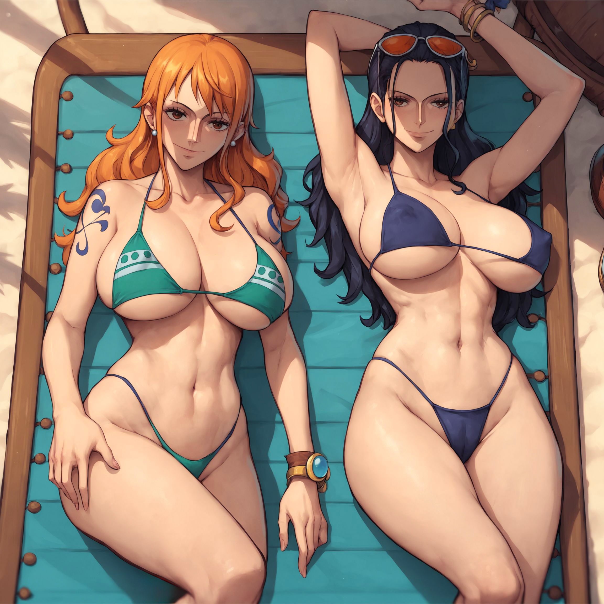 2girls, abs, ai generated, alex-schura, armpits, arms up, bangs, bare shoulders, beach, beach chair, bikini, black hair, bracelet, breasts, brown eyes, cameltoe, cleavage, closed mouth, clothing, curvaceous, curvaceous female, curvaceous figure, curvy, curvy figure, earrings, erect nipples, eyewear on head, female, female only, green bikini, highleg, highleg bikini, huge breasts, jewelry, large breasts, light skin, light-skinned female, long hair, looking at viewer, lying, multiple females, multiple girls, nami (one piece), navel, nico robin, nipples, on back, one piece, orange hair, post-timeskip, pussy, shoulder tattoo, smile, stomach, sunglasses, swimsuit, tattoo, thick thighs, thighs, toned, underboob, voluptuous female
