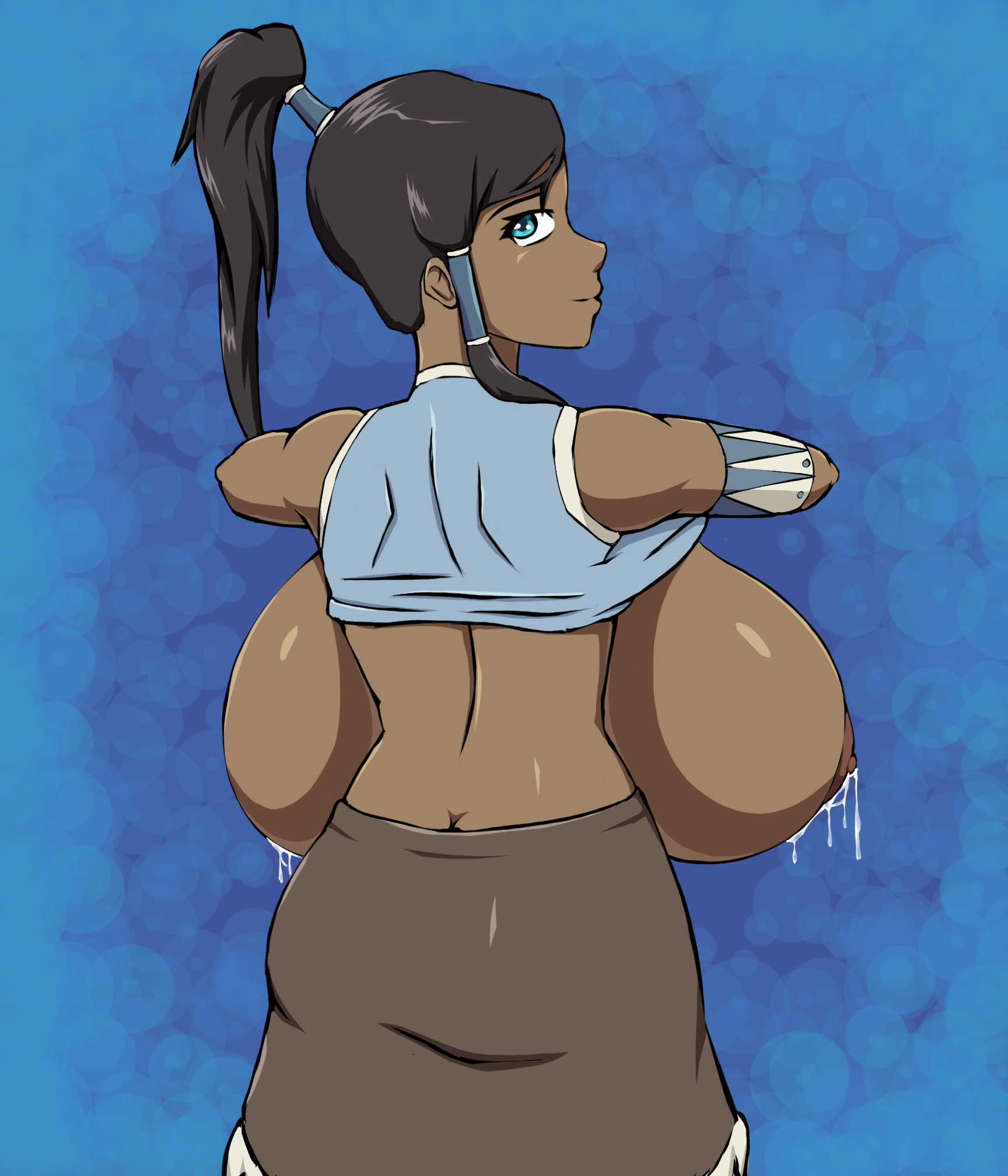1girls, avatar legends, back, backboob, black hair, blue eyes, bosomancer, breasts, clothing, dark skin, dark-skinned female, female, gigantic breasts, hair ornament, hair up, huge breasts, korra, lactation, large breasts, looking back, milk, ponytail, shirt, shirt lift, smooth skin, solo, solo female, the avatar, the legend of korra, undressing, water tribe
