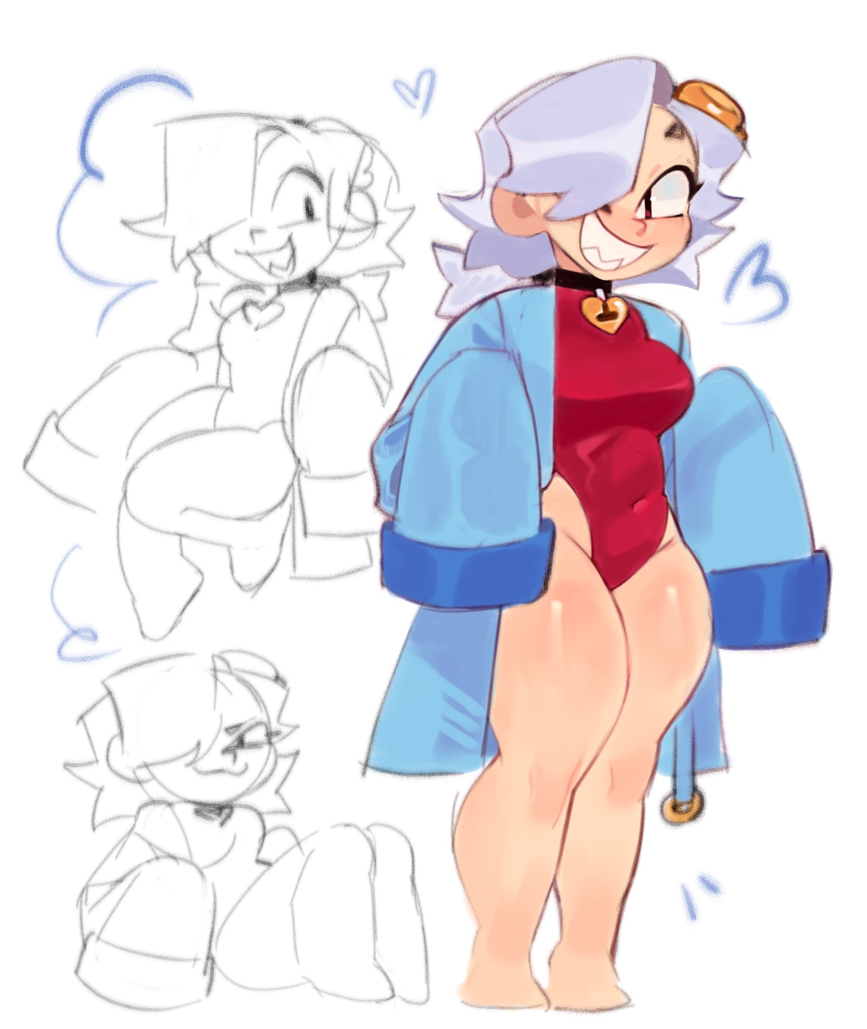 blush, brawl stars, breasts, choker, colette (brawl stars), female, female only, headgear, heart, long hair, long sleeves, sharp teeth, sitting, sketch, sleepy conito, smile, swimsuit, swimsuit colette (brawl stars), swimwear, tagme, thick thighs, tied hair, voluptuous, white hair, wide hips