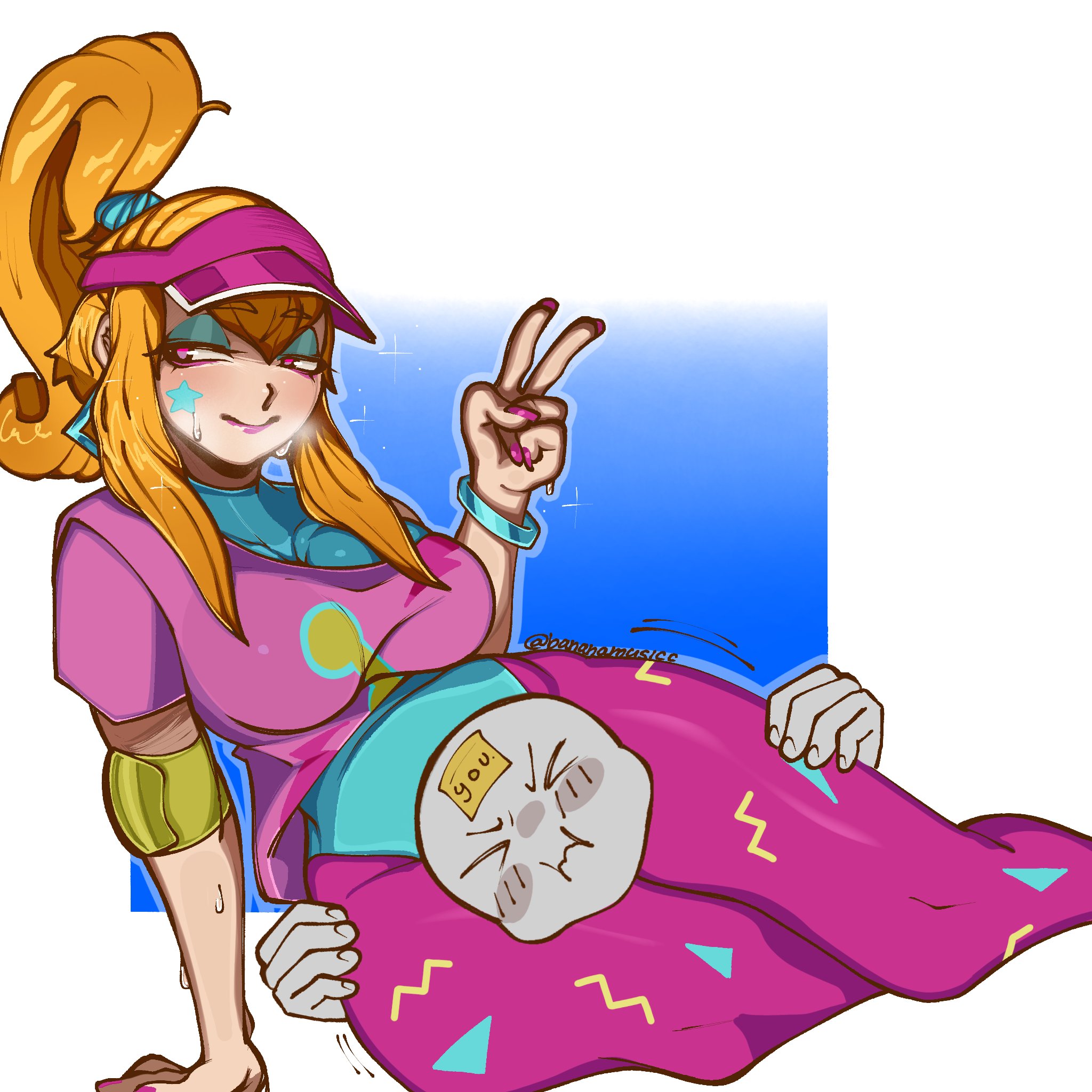 1980s (style), anon, bananamusicc, blonde hair, brawl stars, breasts, earrings, female, female only, head between thighs, headscissor, leaning, long hair, looking away, makeup, melodie (brawl stars), peace sign, pink eyes, pump it melodie (brawl stars), scissorhold, smile, sweat, tagme, thick thighs, thigh choking, thigh crush, tied hair, tight clothing, voluptuous, wide hips, workout, workout clothes